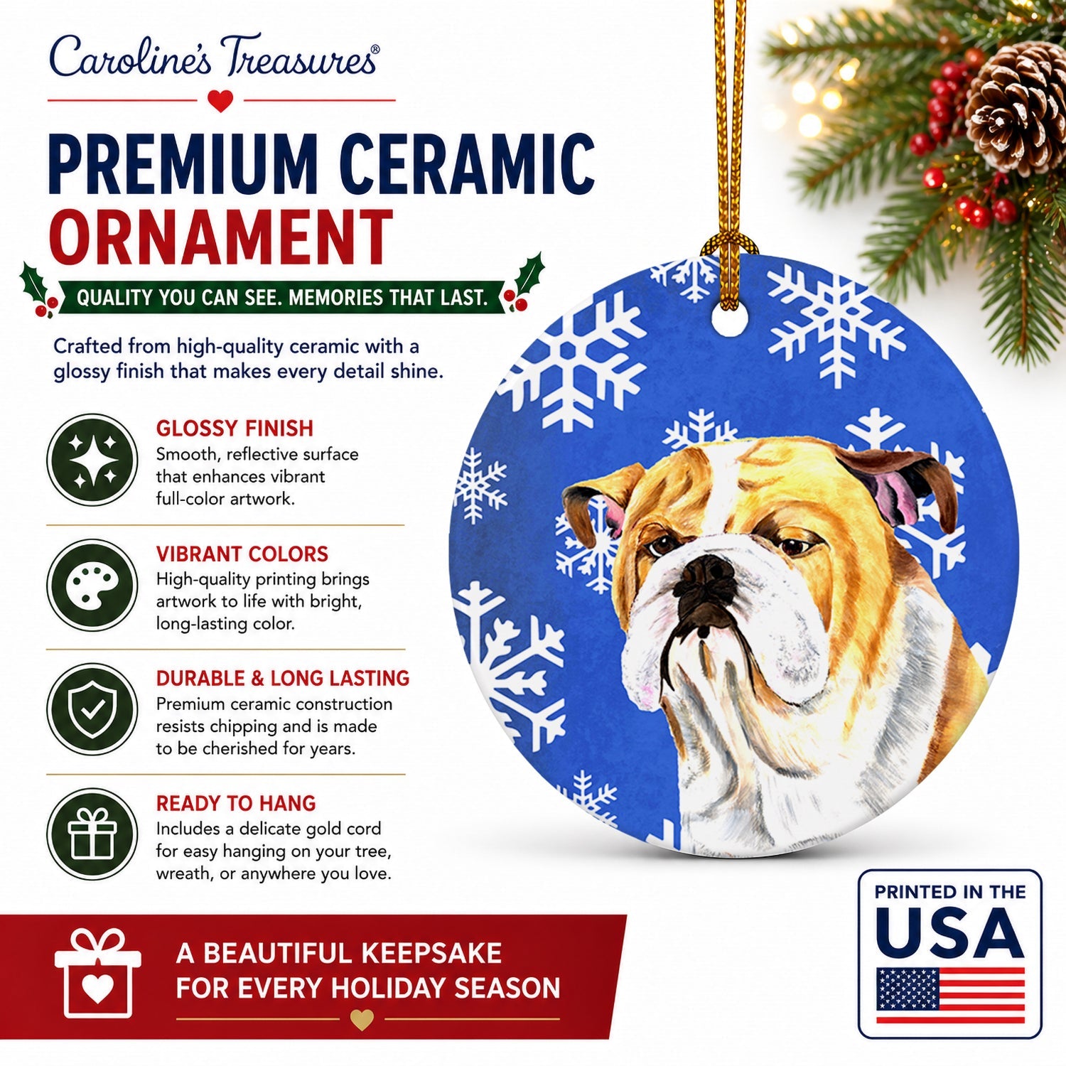 Bulldog English Winter Snowflakes Holiday Ceramic Ornament Christmas Tree Hanging Decorations for Home Christmas Holiday, Party, Gift, 3 in, Multicolor
