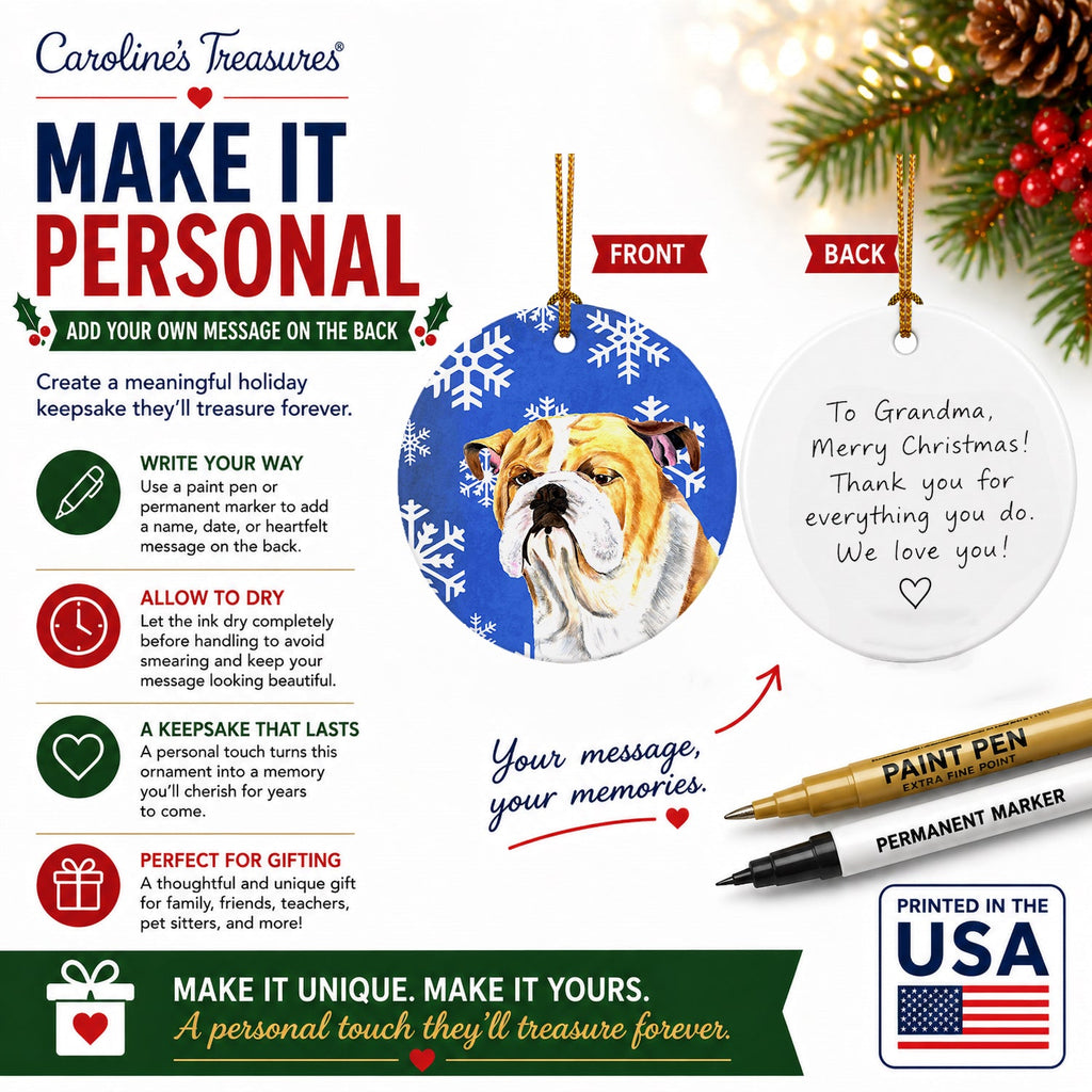 Bulldog English Winter Snowflakes Holiday Ceramic Ornament Christmas Tree Hanging Decorations for Home Christmas Holiday, Party, Gift, 3 in, Multicolor