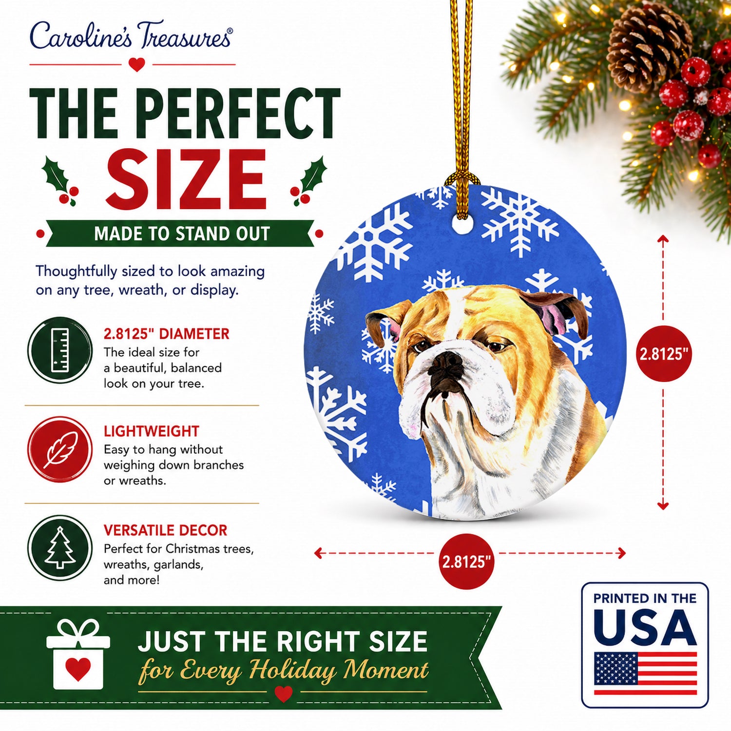 Bulldog English Winter Snowflakes Holiday Ceramic Ornament Christmas Tree Hanging Decorations for Home Christmas Holiday, Party, Gift, 3 in, Multicolor