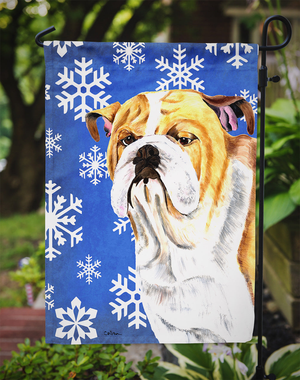 Bulldog English Winter Snowflakes Holiday Garden Flag Mailbox Decorative Yard Banner Outside Patio Artwork for Flower Beds, Garden Size, Multicolor