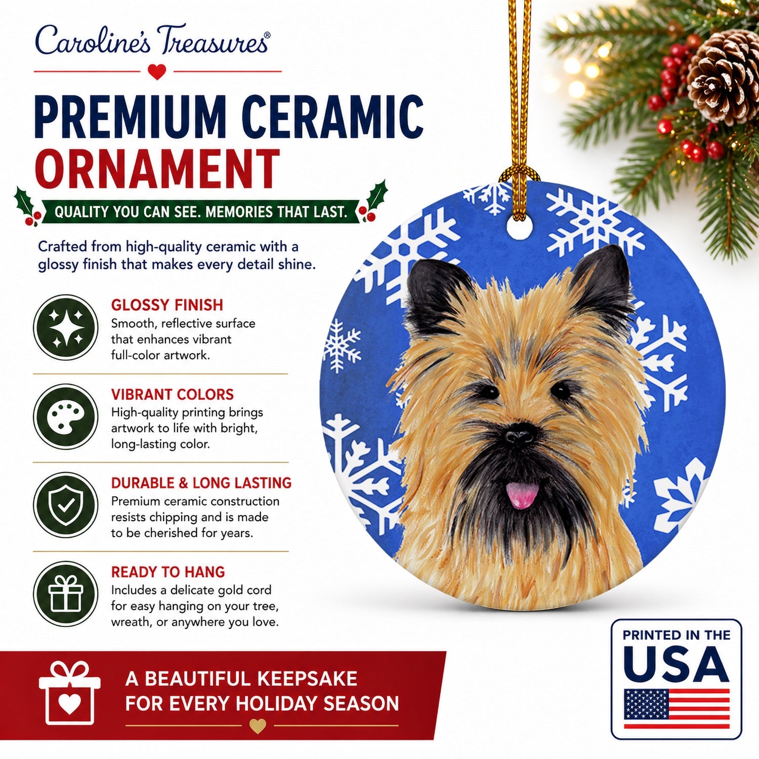 Cairn Terrier Winter Snowflakes Holiday Ceramic Ornament Christmas Tree Hanging Decorations for Home Christmas Holiday, Party, Gift, 3 in, Multicolor