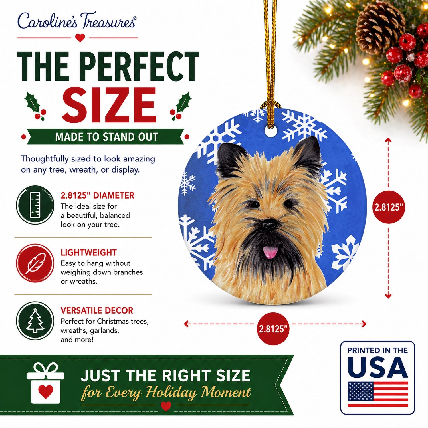 Cairn Terrier Winter Snowflakes Holiday Ceramic Ornament Christmas Tree Hanging Decorations for Home Christmas Holiday, Party, Gift, 3 in, Multicolor
