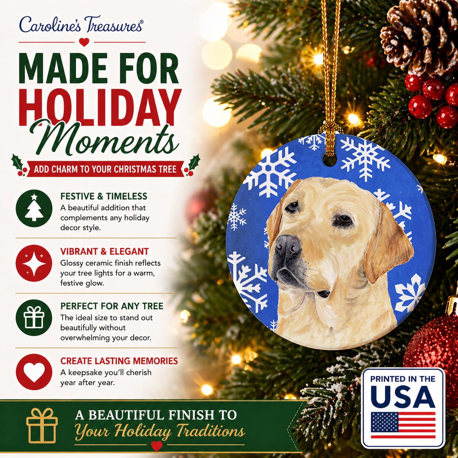 Labrador Winter Snowflakes Holiday Ceramic Ornament Christmas Tree Hanging Decorations for Home Christmas Holiday, Party, Gift, 3 in, Multicolor