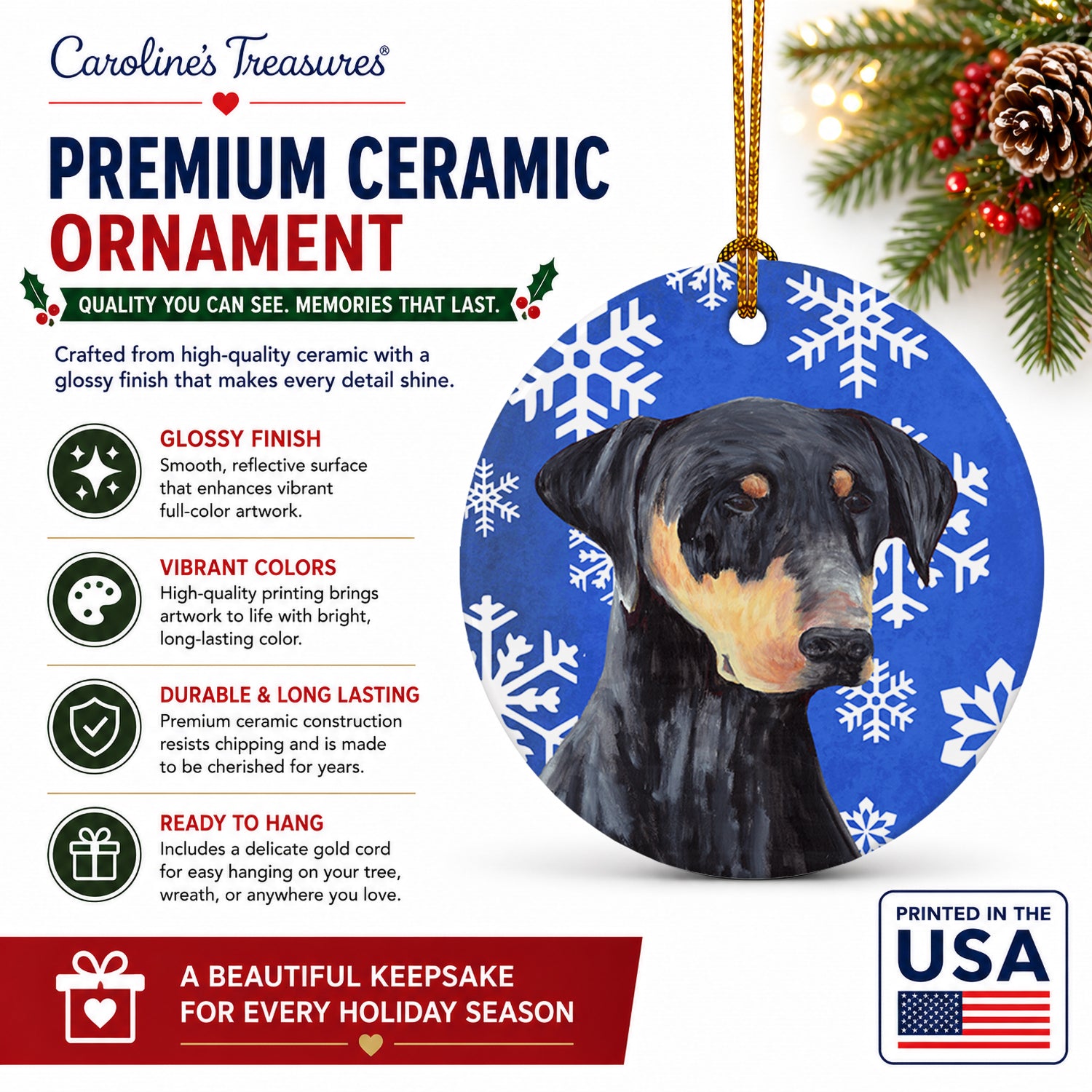 Doberman Winter Snowflakes Holiday Ceramic Ornament Christmas Tree Hanging Decorations for Home Christmas Holiday, Party, Gift, 3 in, Multicolor