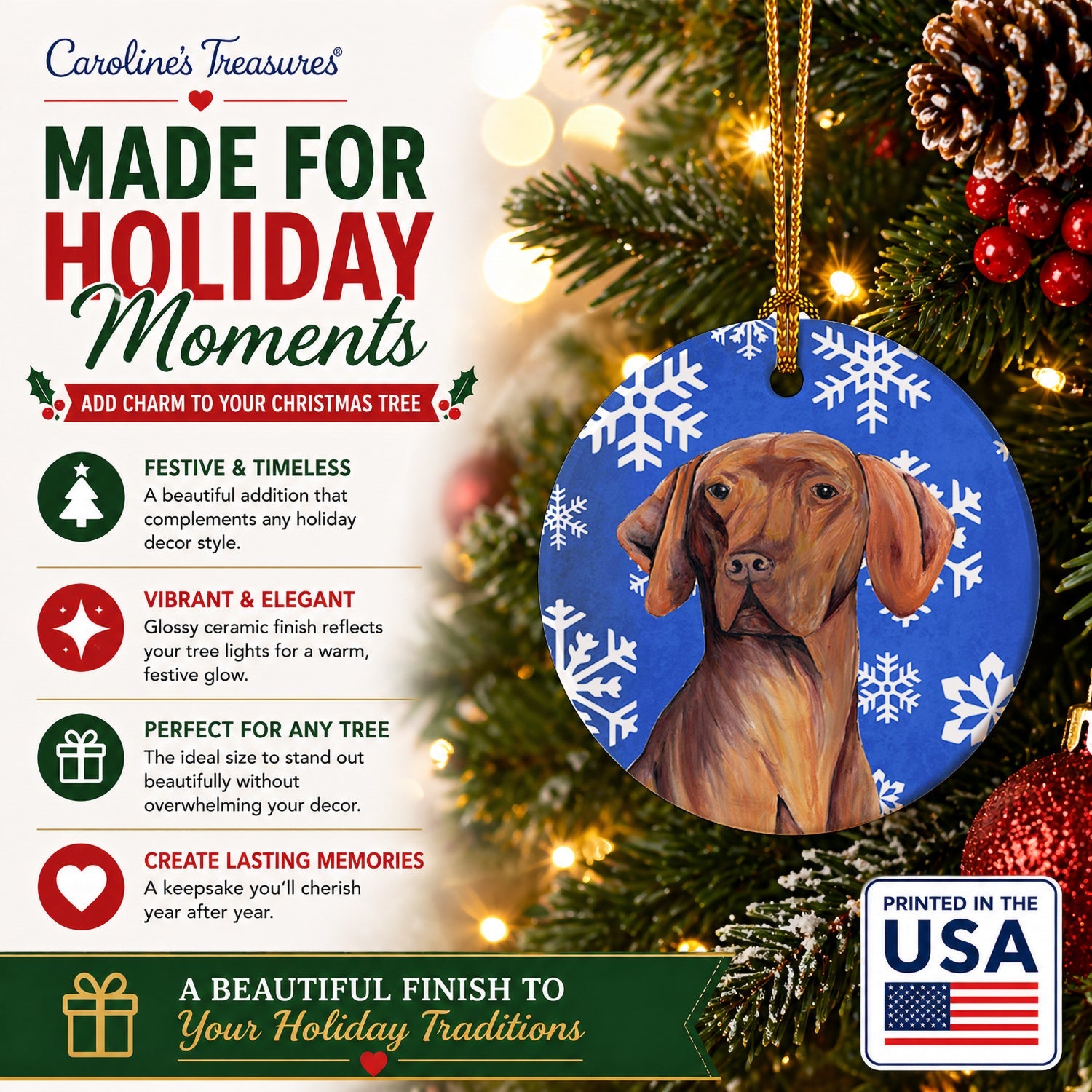 Vizsla Winter Snowflakes Holiday Ceramic Ornament Christmas Tree Hanging Decorations for Home Christmas Holiday, Party, Gift, 3 in, Multicolor