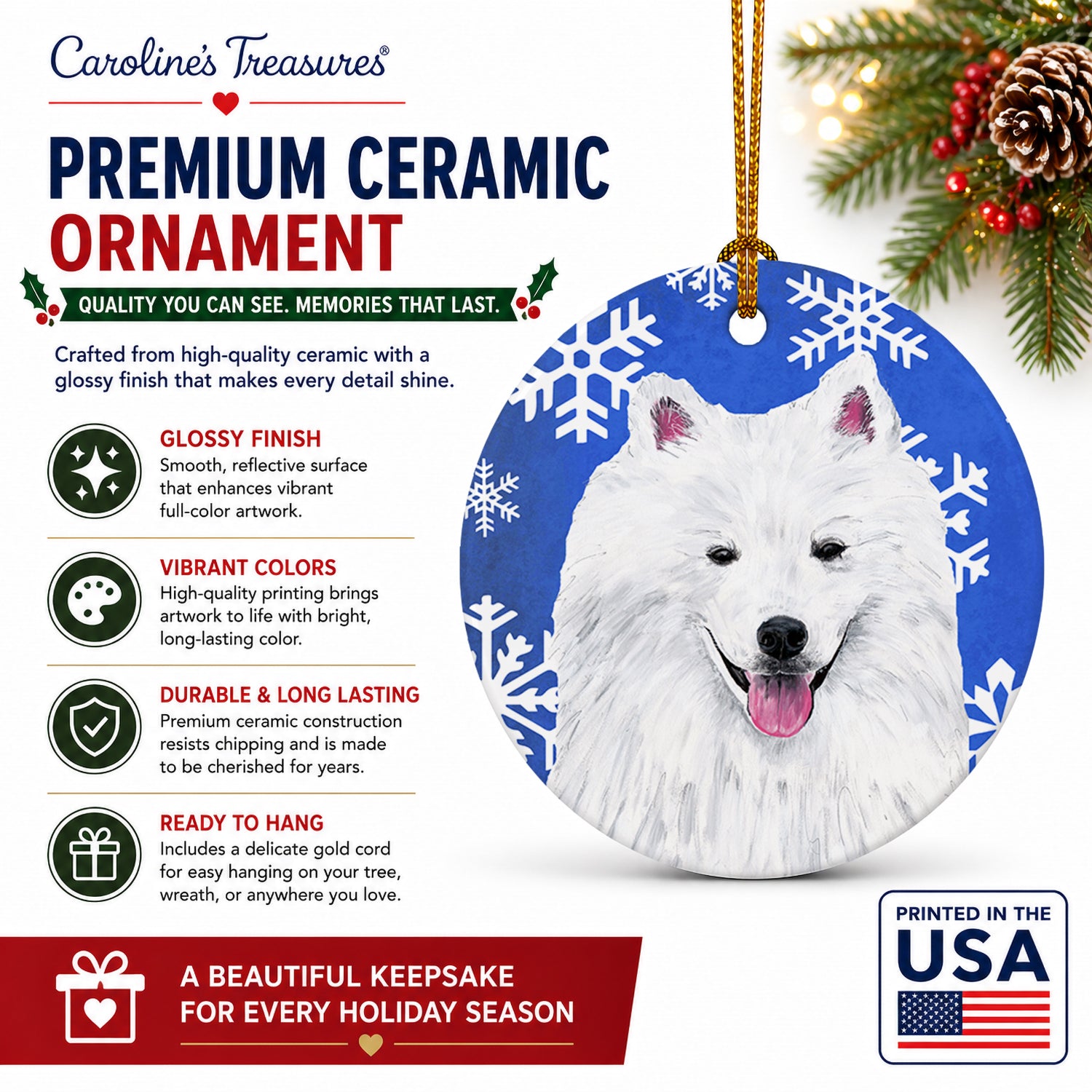 American Eskimo Winter Snowflakes Holiday Ceramic Ornament Christmas Tree Hanging Decorations for Home Christmas Holiday, Party, Gift, 3 in, Multicolor
