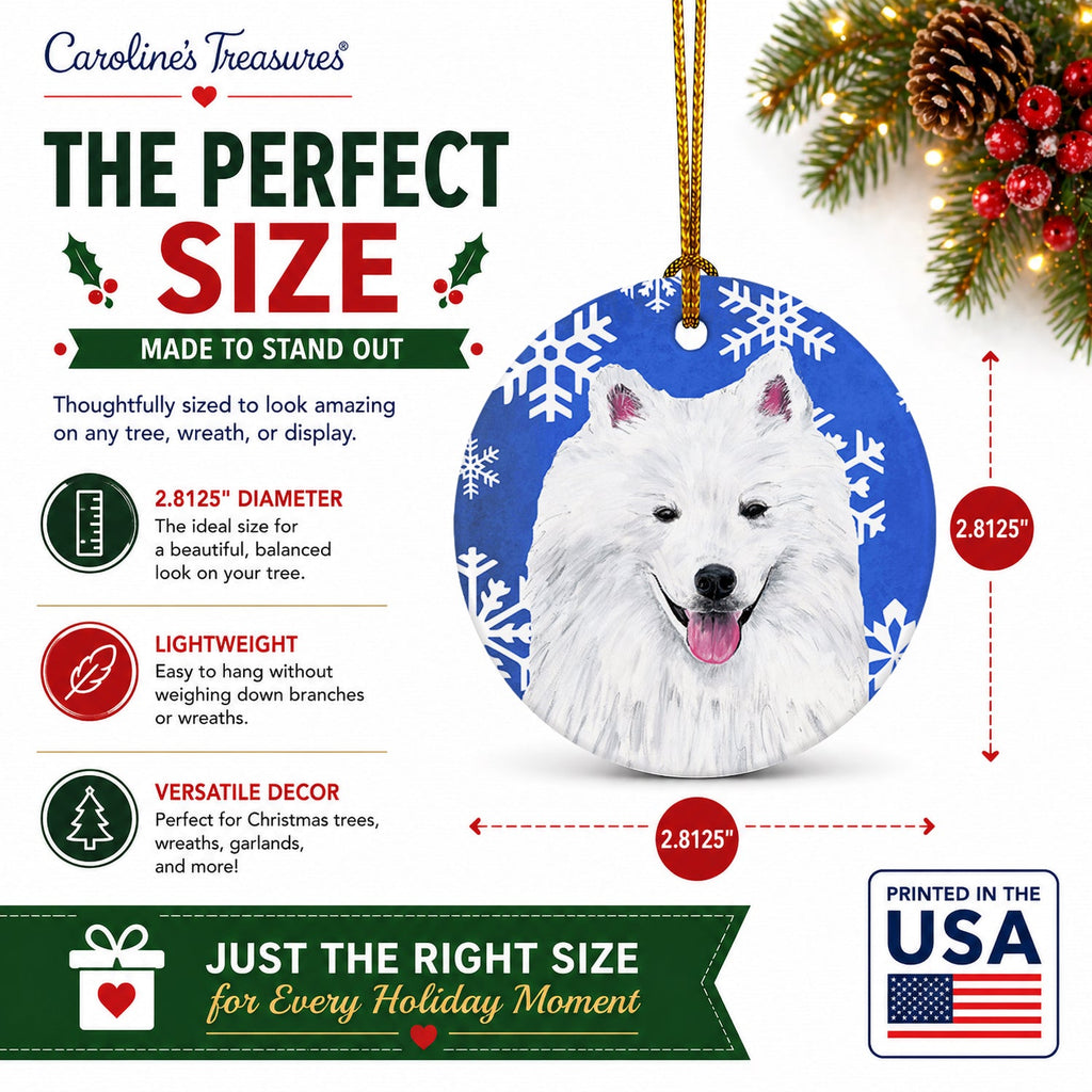 American Eskimo Winter Snowflakes Holiday Ceramic Ornament Christmas Tree Hanging Decorations for Home Christmas Holiday, Party, Gift, 3 in, Multicolor