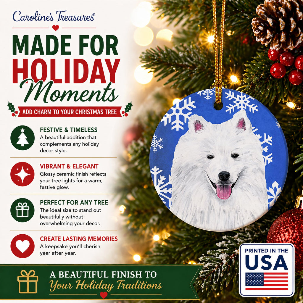 American Eskimo Winter Snowflakes Holiday Ceramic Ornament Christmas Tree Hanging Decorations for Home Christmas Holiday, Party, Gift, 3 in, Multicolor