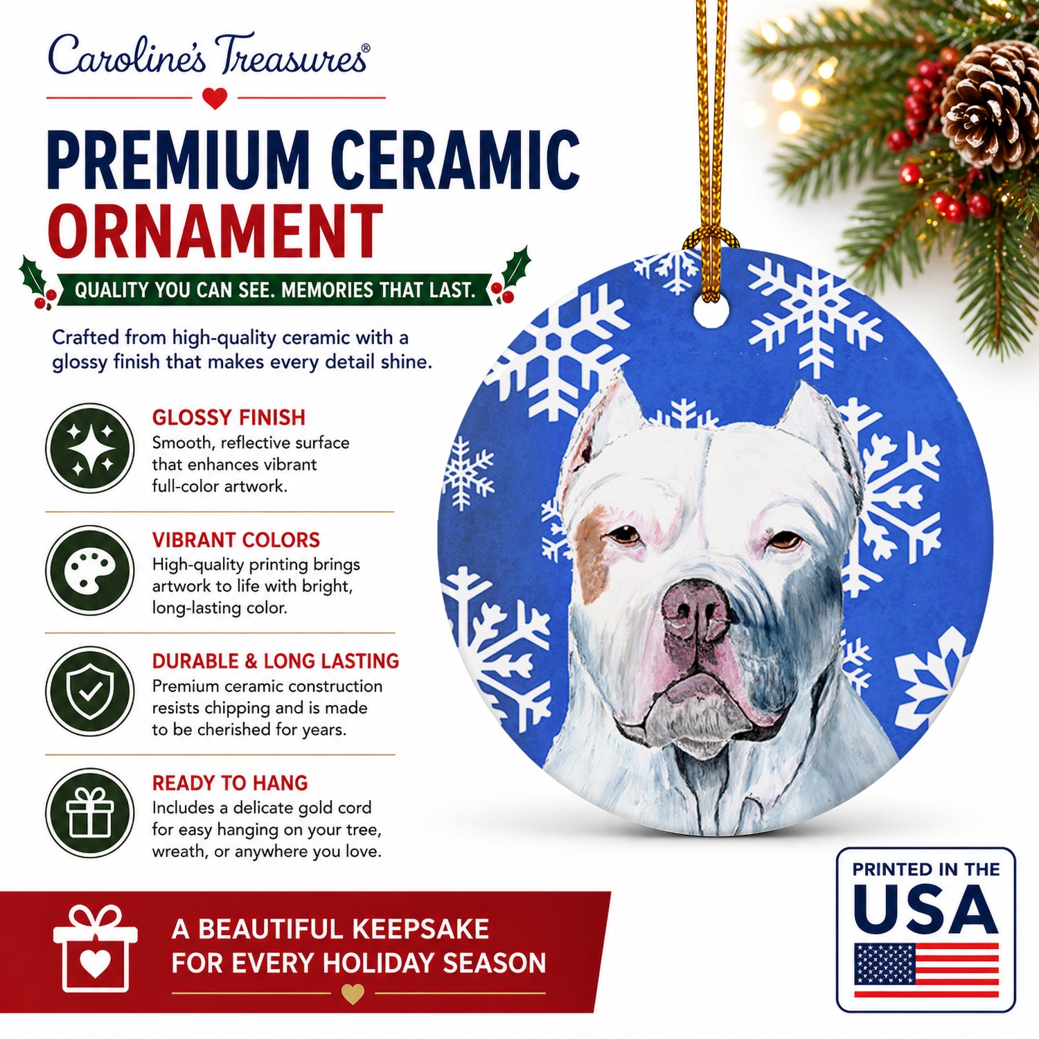 Pit Bull Winter Snowflakes Holiday Ceramic Ornament Christmas Tree Hanging Decorations for Home Christmas Holiday, Party, Gift, 3 in, Multicolor