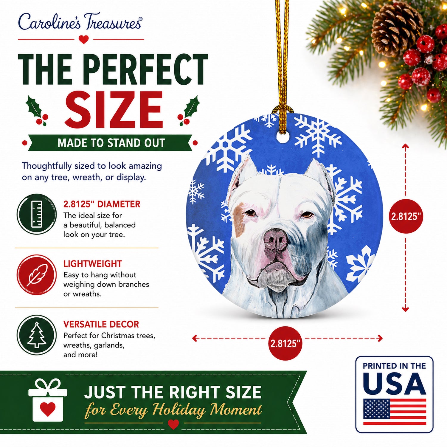 Pit Bull Winter Snowflakes Holiday Ceramic Ornament Christmas Tree Hanging Decorations for Home Christmas Holiday, Party, Gift, 3 in, Multicolor