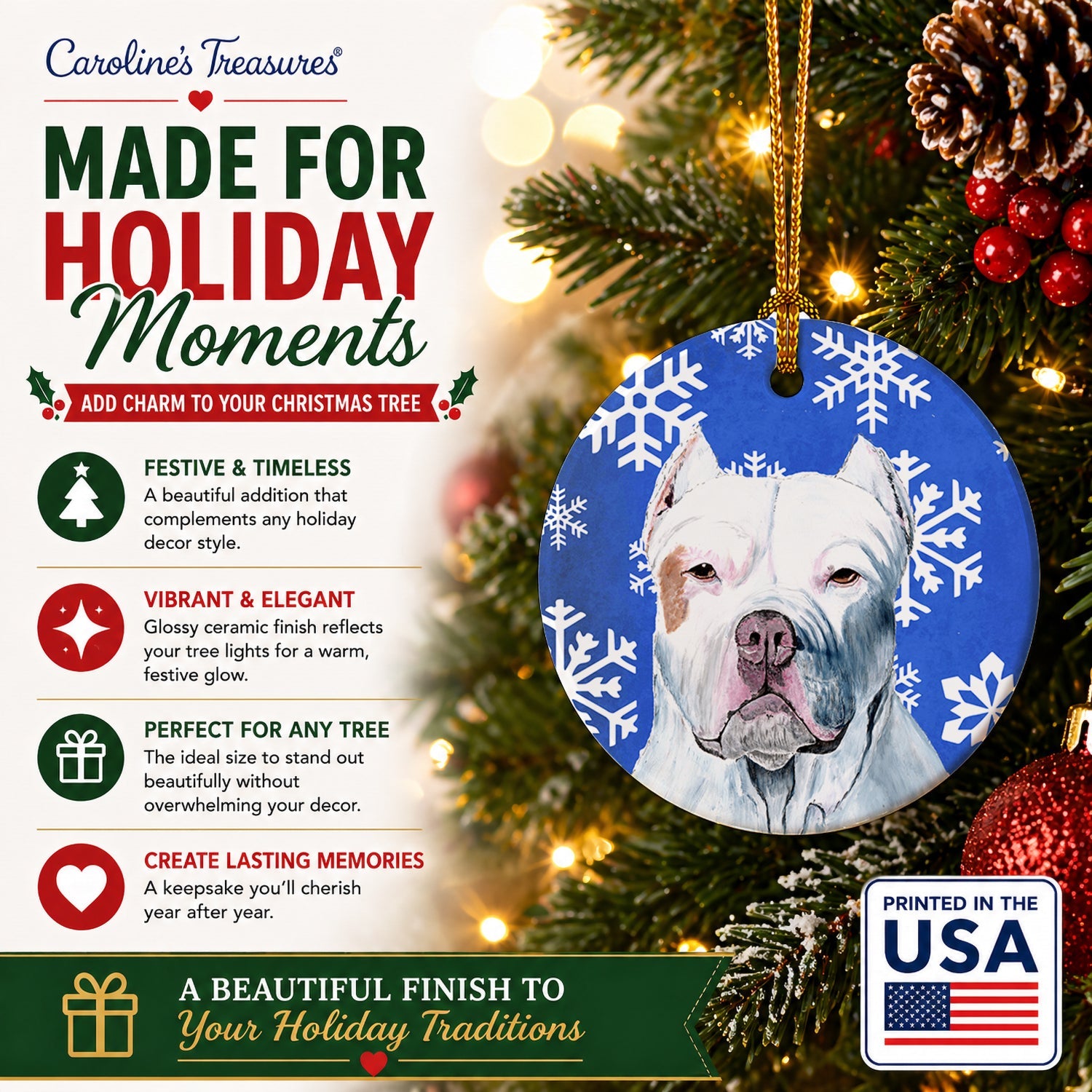 Pit Bull Winter Snowflakes Holiday Ceramic Ornament Christmas Tree Hanging Decorations for Home Christmas Holiday, Party, Gift, 3 in, Multicolor