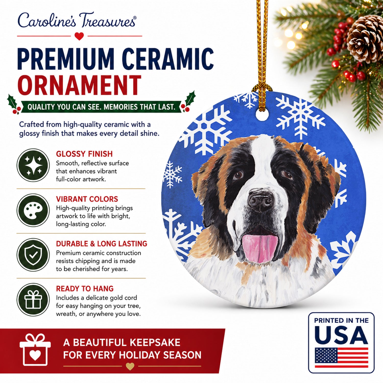 Saint Bernard Winter Snowflakes Holiday Ceramic Ornament Christmas Tree Hanging Decorations for Home Christmas Holiday, Party, Gift, 3 in, Multicolor