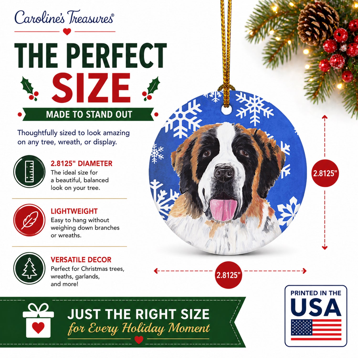 Saint Bernard Winter Snowflakes Holiday Ceramic Ornament Christmas Tree Hanging Decorations for Home Christmas Holiday, Party, Gift, 3 in, Multicolor