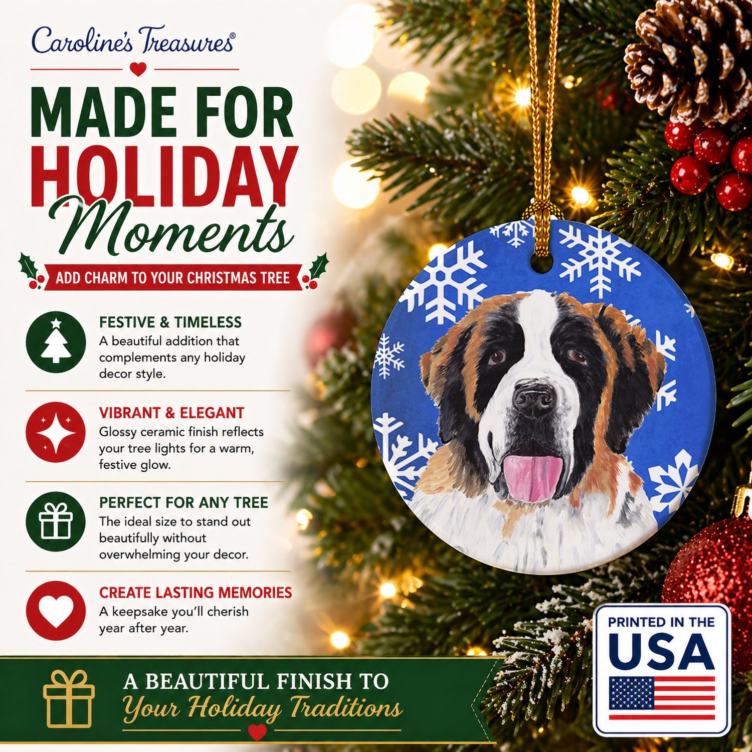 Saint Bernard Winter Snowflakes Holiday Ceramic Ornament Christmas Tree Hanging Decorations for Home Christmas Holiday, Party, Gift, 3 in, Multicolor