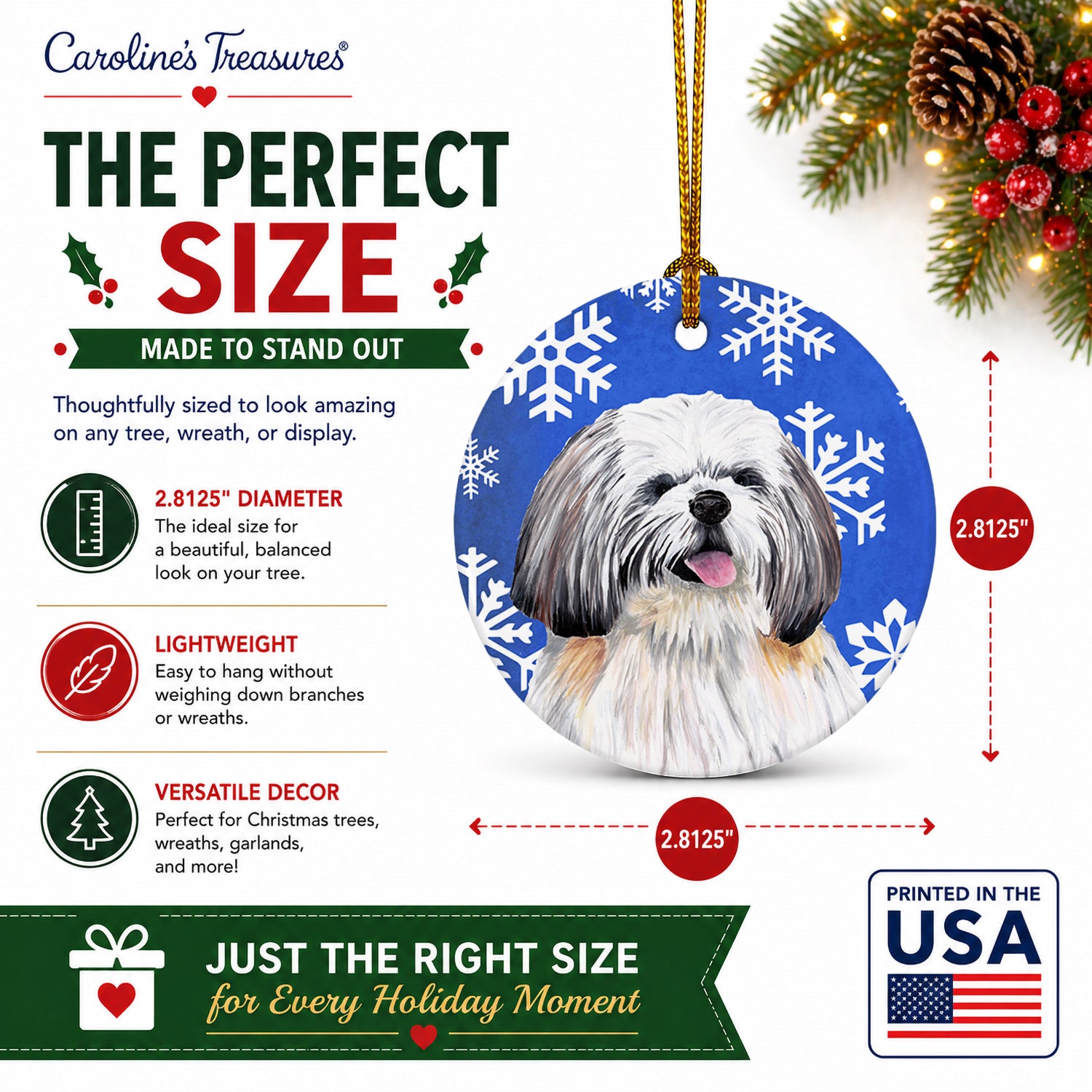 Shih Tzu Winter Snowflakes Holiday Ceramic Ornament Christmas Tree Hanging Decorations for Home Christmas Holiday, Party, Gift, 3 in, Multicolor