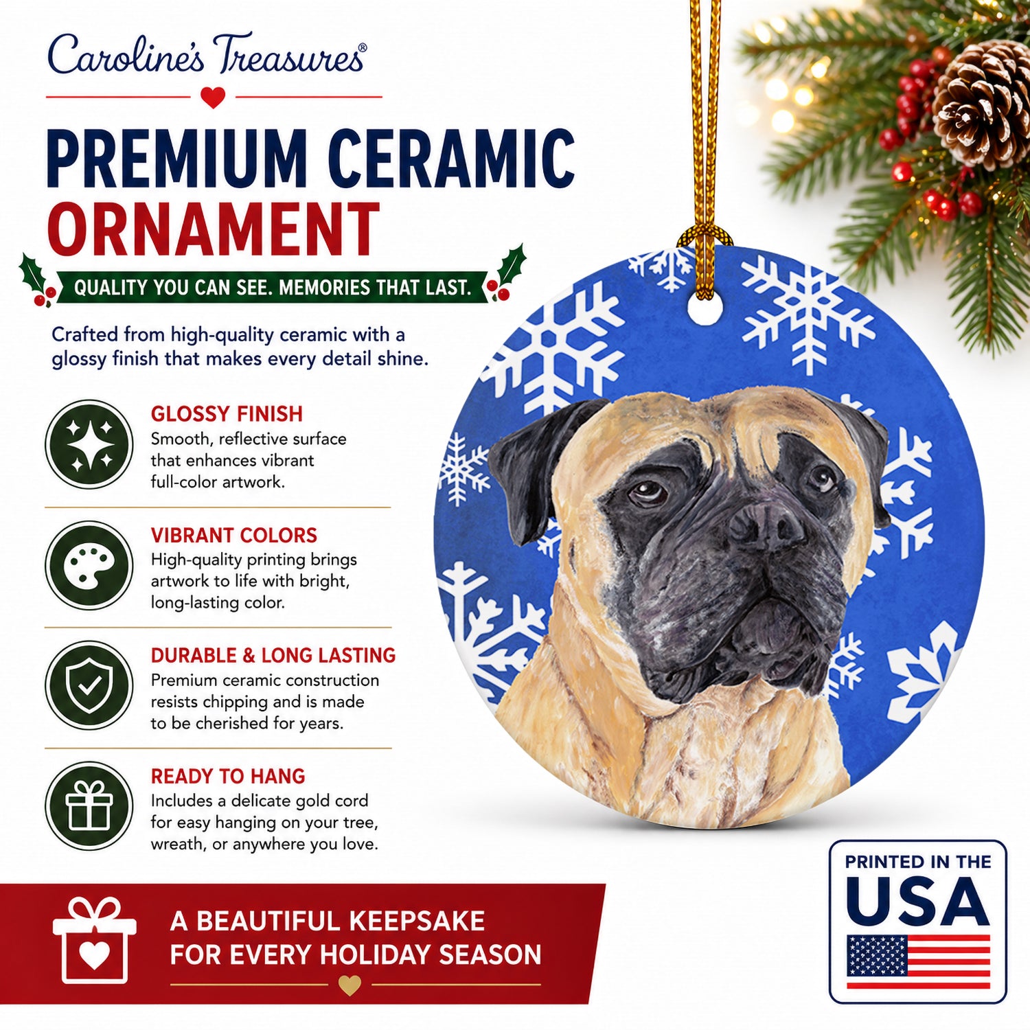 Mastiff Winter Snowflakes Holiday Ceramic Ornament Christmas Tree Hanging Decorations for Home Christmas Holiday, Party, Gift, 3 in, Multicolor