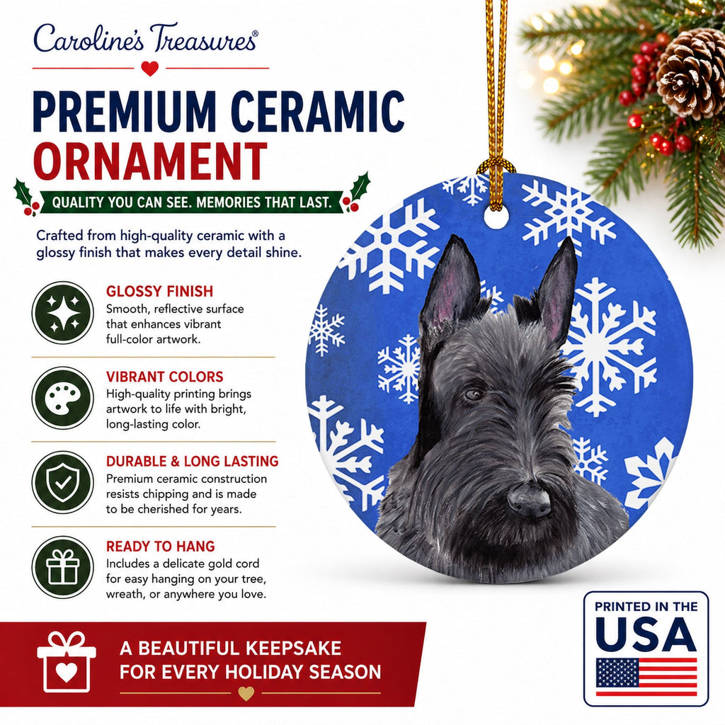 Scottish Terrier Winter Snowflakes Holiday Ceramic Ornament Christmas Tree Hanging Decorations for Home Christmas Holiday, Party, Gift, 3 in, Multicolor