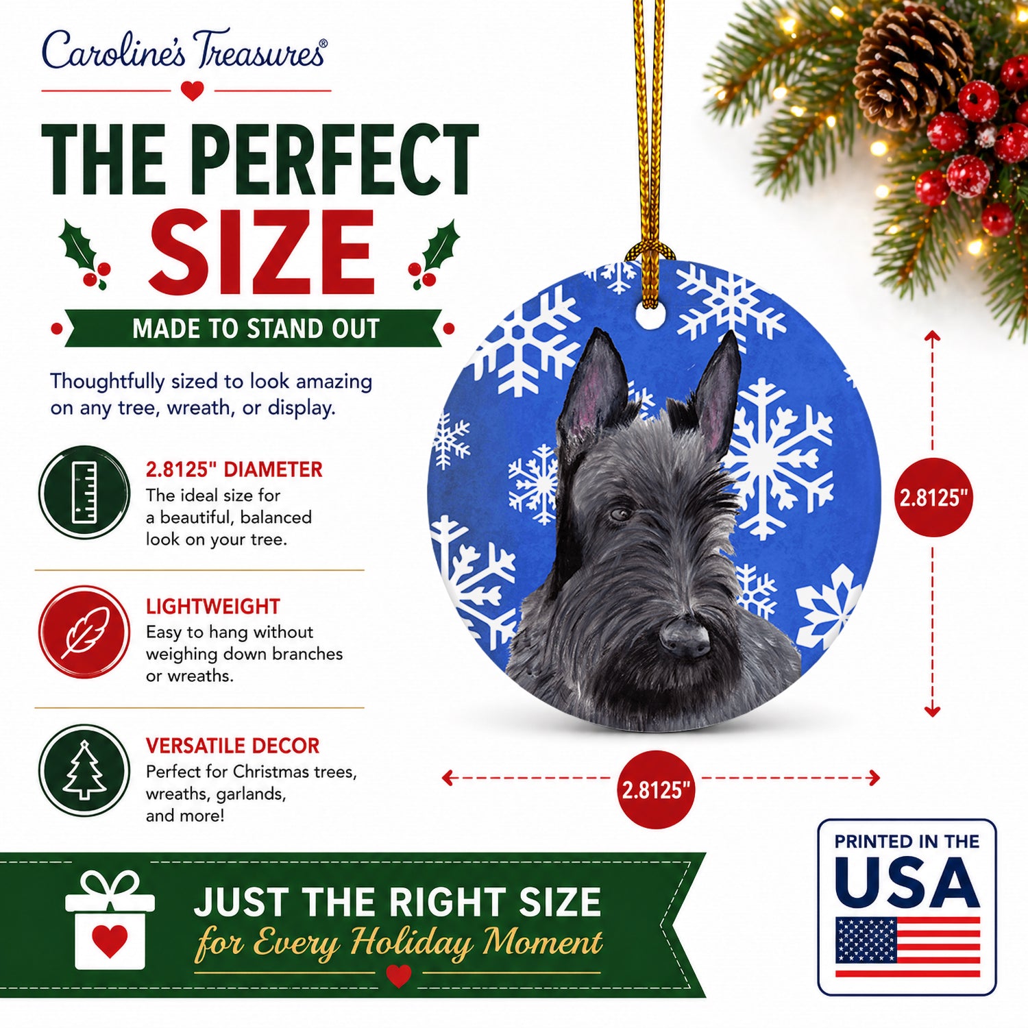 Scottish Terrier Winter Snowflakes Holiday Ceramic Ornament Christmas Tree Hanging Decorations for Home Christmas Holiday, Party, Gift, 3 in, Multicolor