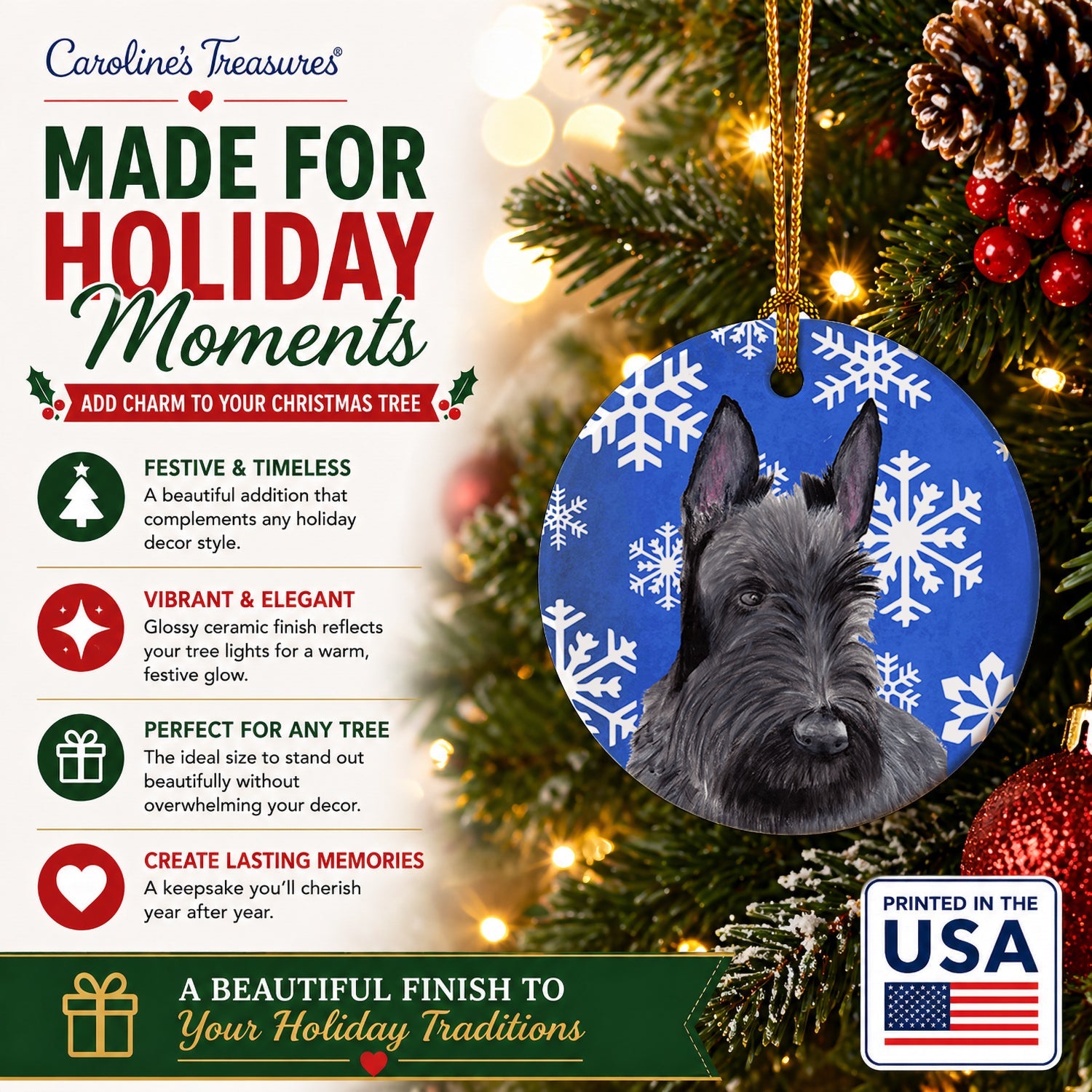 Scottish Terrier Winter Snowflakes Holiday Ceramic Ornament Christmas Tree Hanging Decorations for Home Christmas Holiday, Party, Gift, 3 in, Multicolor