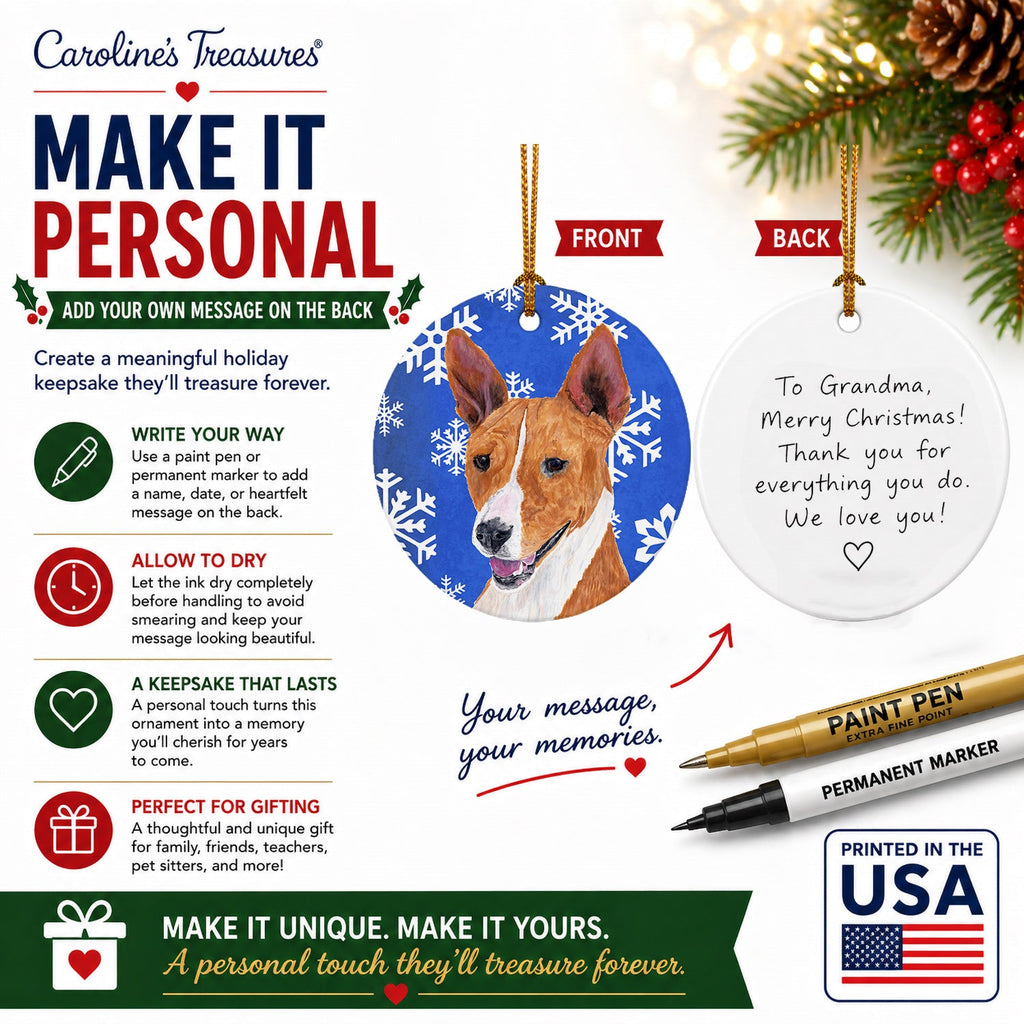 Basenji Winter Snowflakes Holiday Ceramic Ornament Christmas Tree Hanging Decorations for Home Christmas Holiday, Party, Gift, 3 in, Multicolor