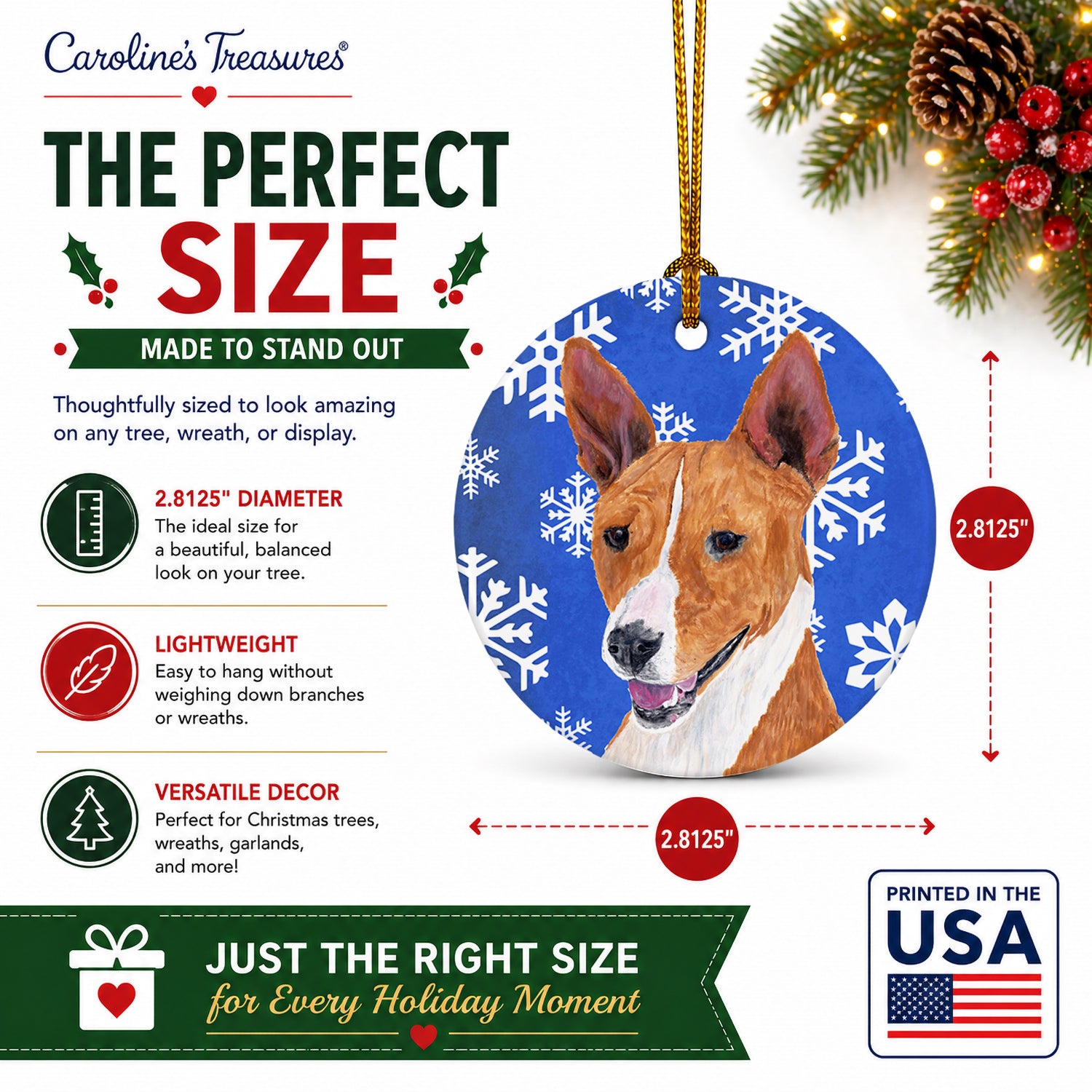 Basenji Winter Snowflakes Holiday Ceramic Ornament Christmas Tree Hanging Decorations for Home Christmas Holiday, Party, Gift, 3 in, Multicolor