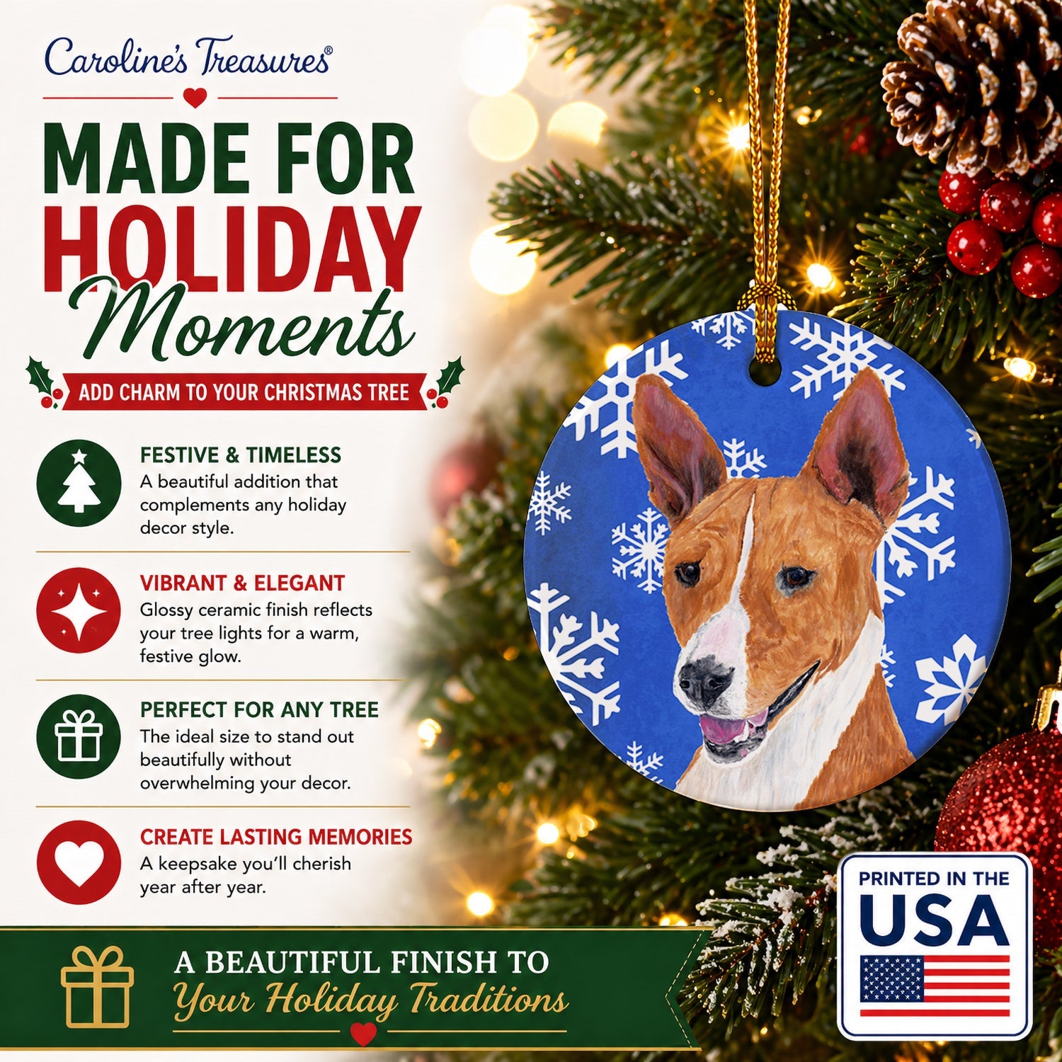 Basenji Winter Snowflakes Holiday Ceramic Ornament Christmas Tree Hanging Decorations for Home Christmas Holiday, Party, Gift, 3 in, Multicolor