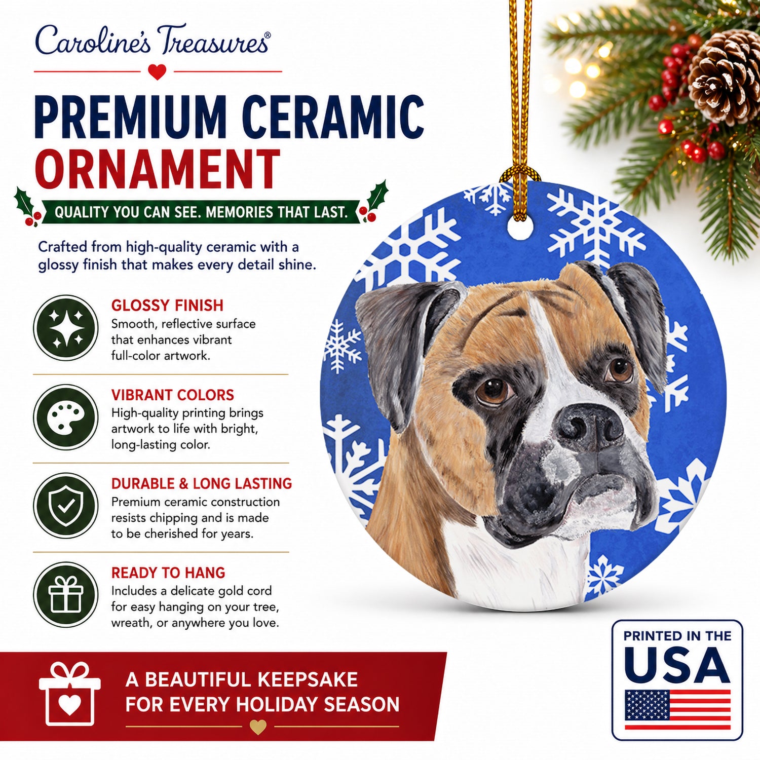 Boxer Winter Snowflakes Holiday Ceramic Ornament Christmas Tree Hanging Decorations for Home Christmas Holiday, Party, Gift, 3 in, Multicolor