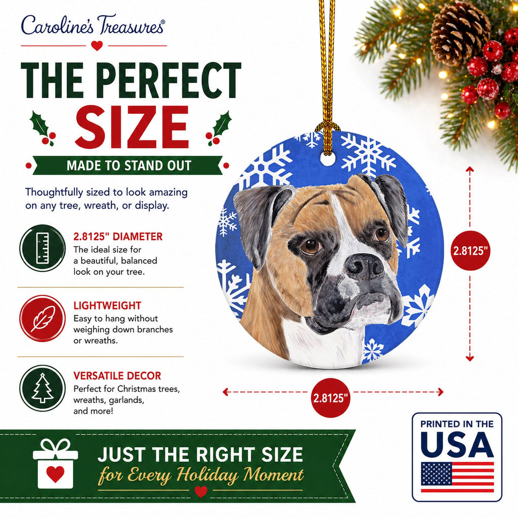 Boxer Winter Snowflakes Holiday Ceramic Ornament Christmas Tree Hanging Decorations for Home Christmas Holiday, Party, Gift, 3 in, Multicolor