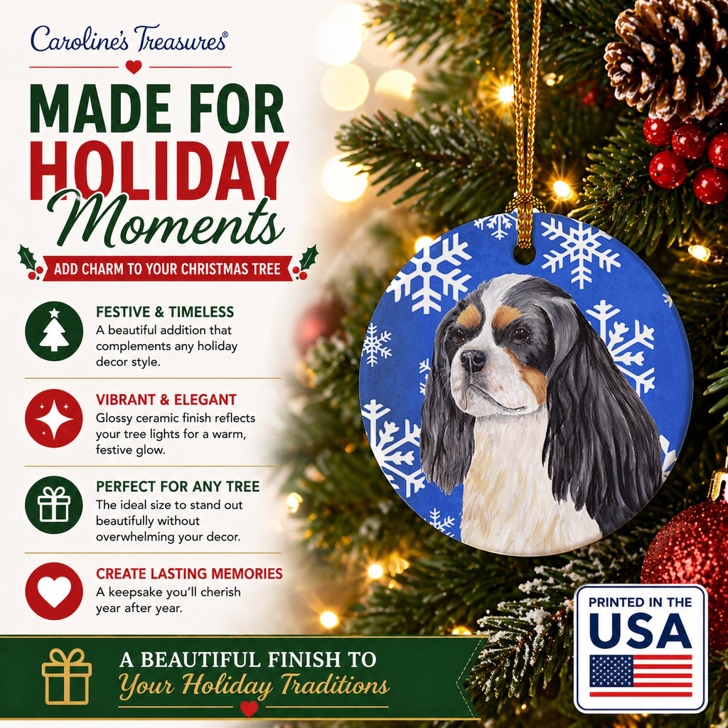 Cavalier Spaniel Winter Snowflakes Holiday Ceramic Ornament Christmas Tree Hanging Decorations for Home Christmas Holiday, Party, Gift, 3 in, Multicolor