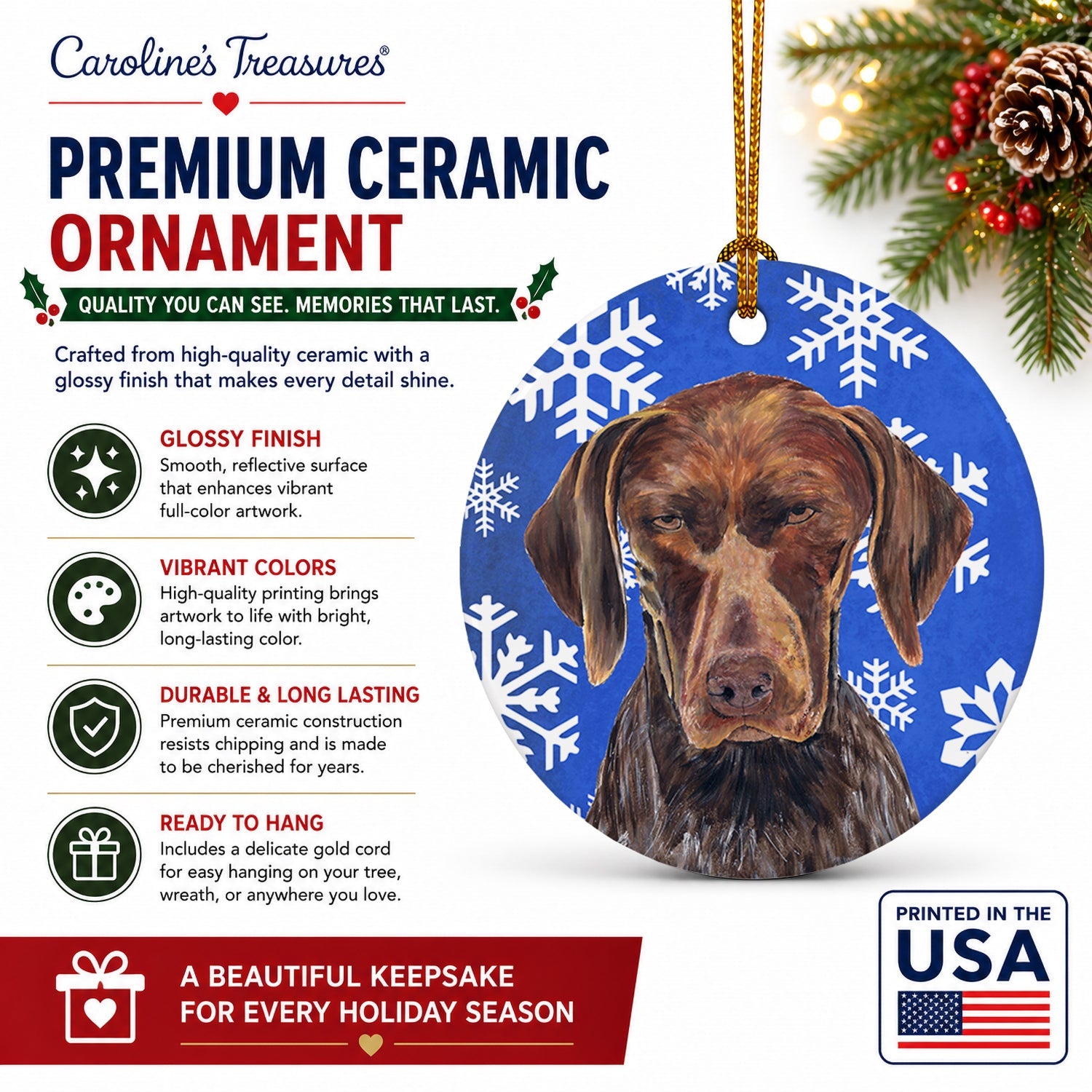 German Shorthaired Pointer Winter Snowflakes Holiday Ceramic Ornament Christmas Tree Hanging Decorations for Home Christmas Holiday, Party, Gift, 3 in, Multicolor