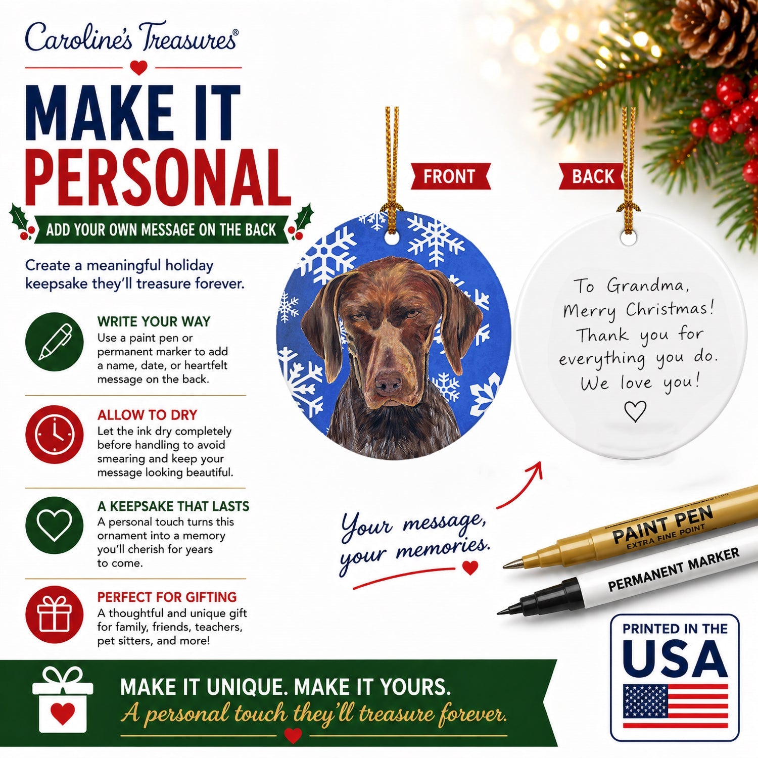 German Shorthaired Pointer Winter Snowflakes Holiday Ceramic Ornament Christmas Tree Hanging Decorations for Home Christmas Holiday, Party, Gift, 3 in, Multicolor
