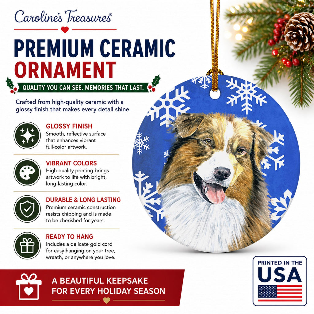 Australian Shepherd Winter Snowflakes Holiday Ceramic Ornament Christmas Tree Hanging Decorations for Home Christmas Holiday, Party, Gift, 3 in, Multicolor