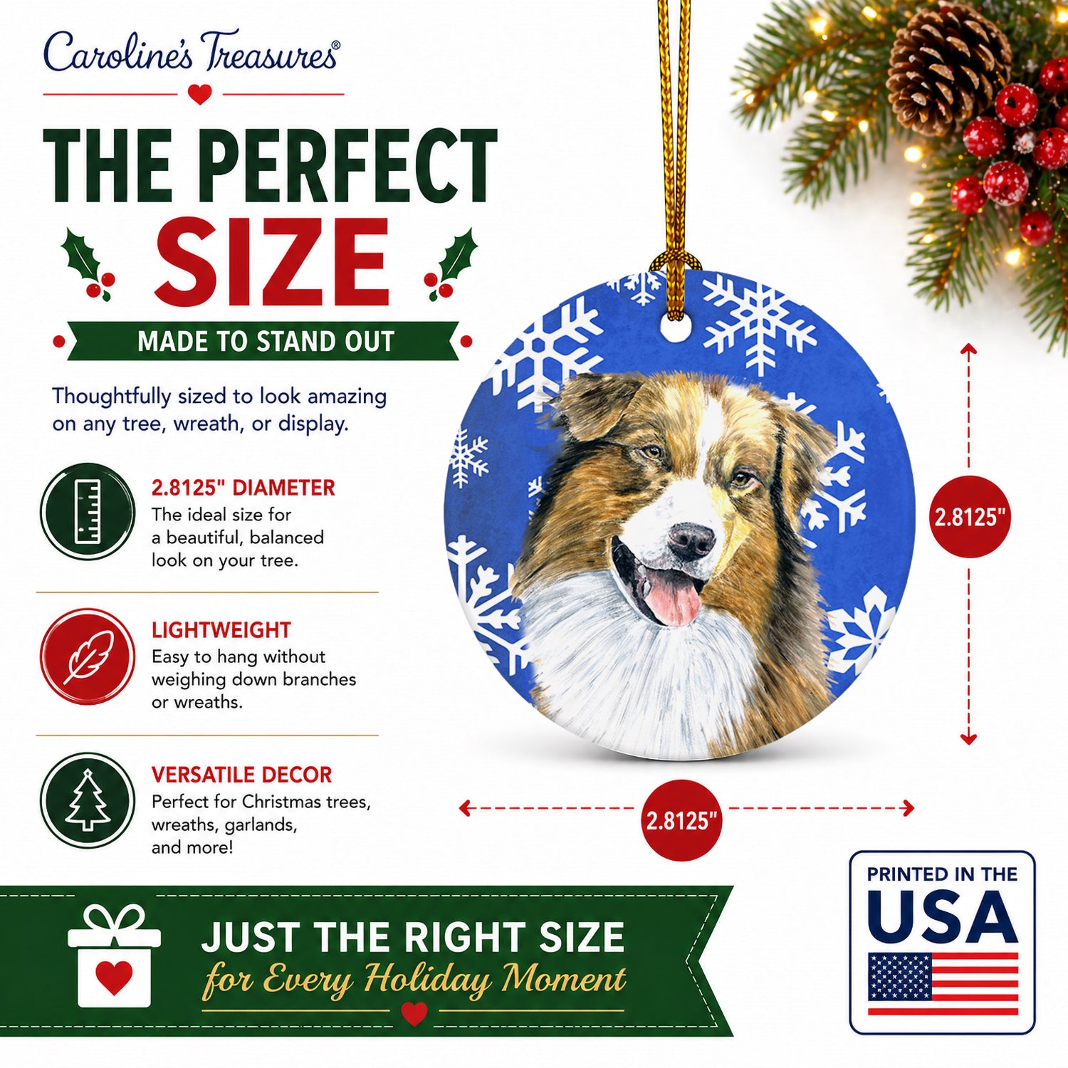 Australian Shepherd Winter Snowflakes Holiday Ceramic Ornament Christmas Tree Hanging Decorations for Home Christmas Holiday, Party, Gift, 3 in, Multicolor