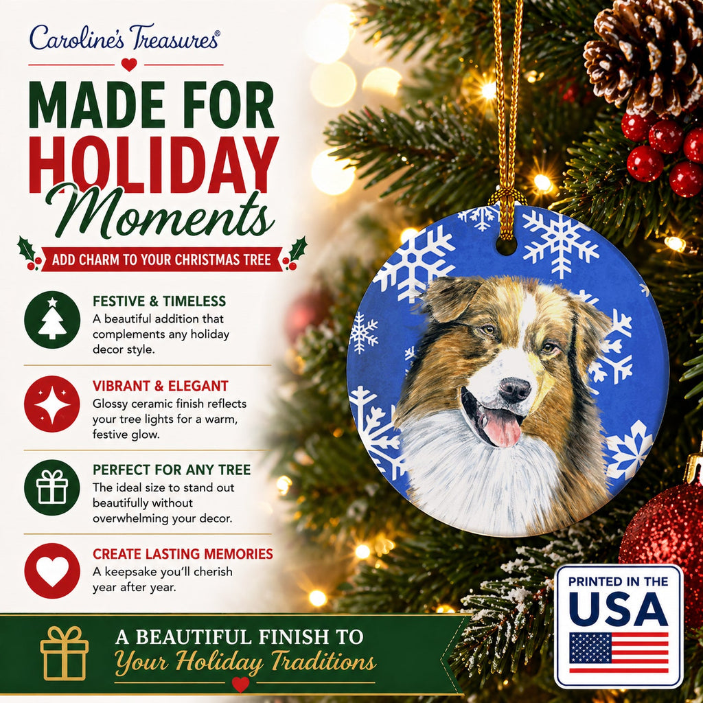 Australian Shepherd Winter Snowflakes Holiday Ceramic Ornament Christmas Tree Hanging Decorations for Home Christmas Holiday, Party, Gift, 3 in, Multicolor