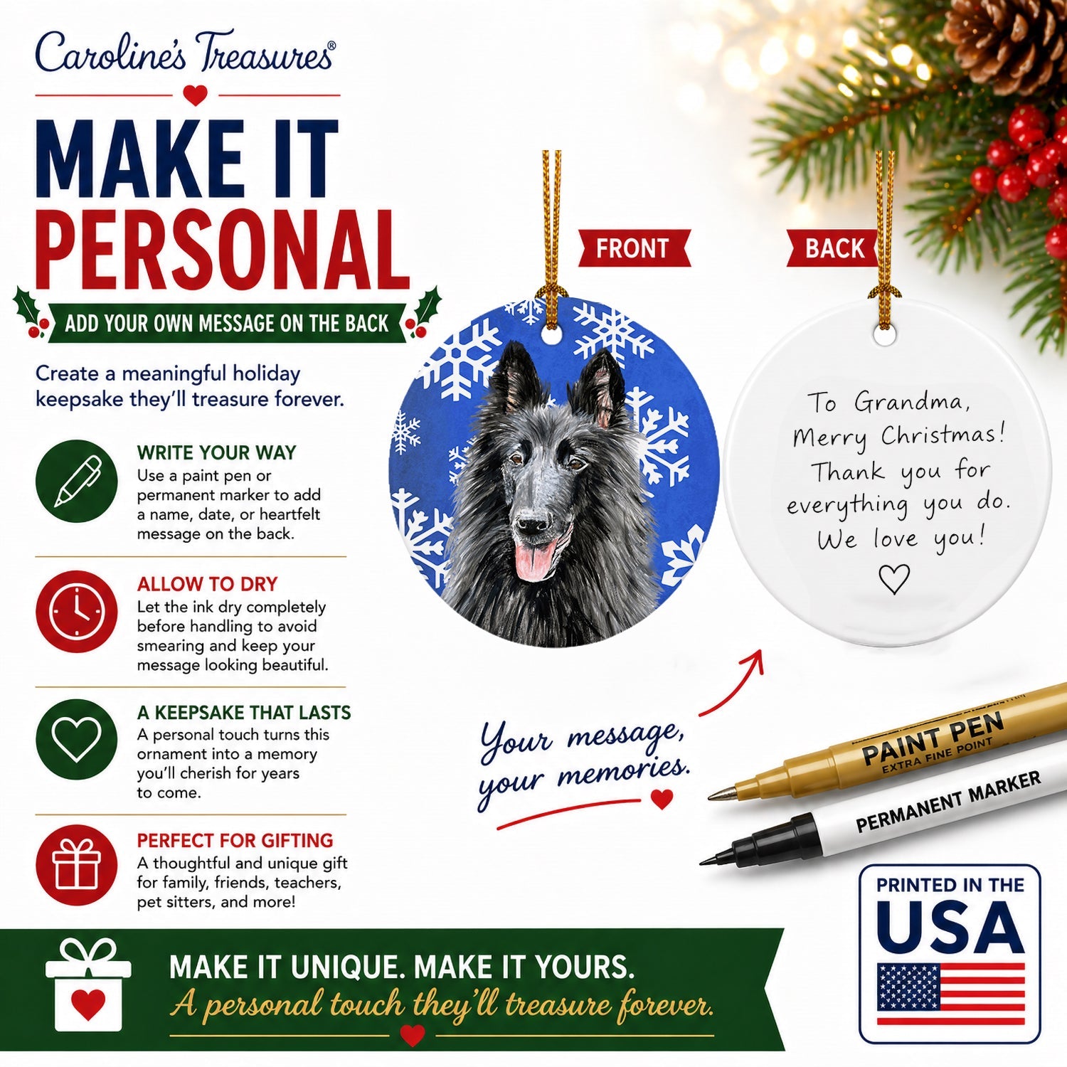Belgian Sheepdog Winter Snowflakes Holiday Ceramic Ornament Christmas Tree Hanging Decorations for Home Christmas Holiday, Party, Gift, 3 in, Multicolor