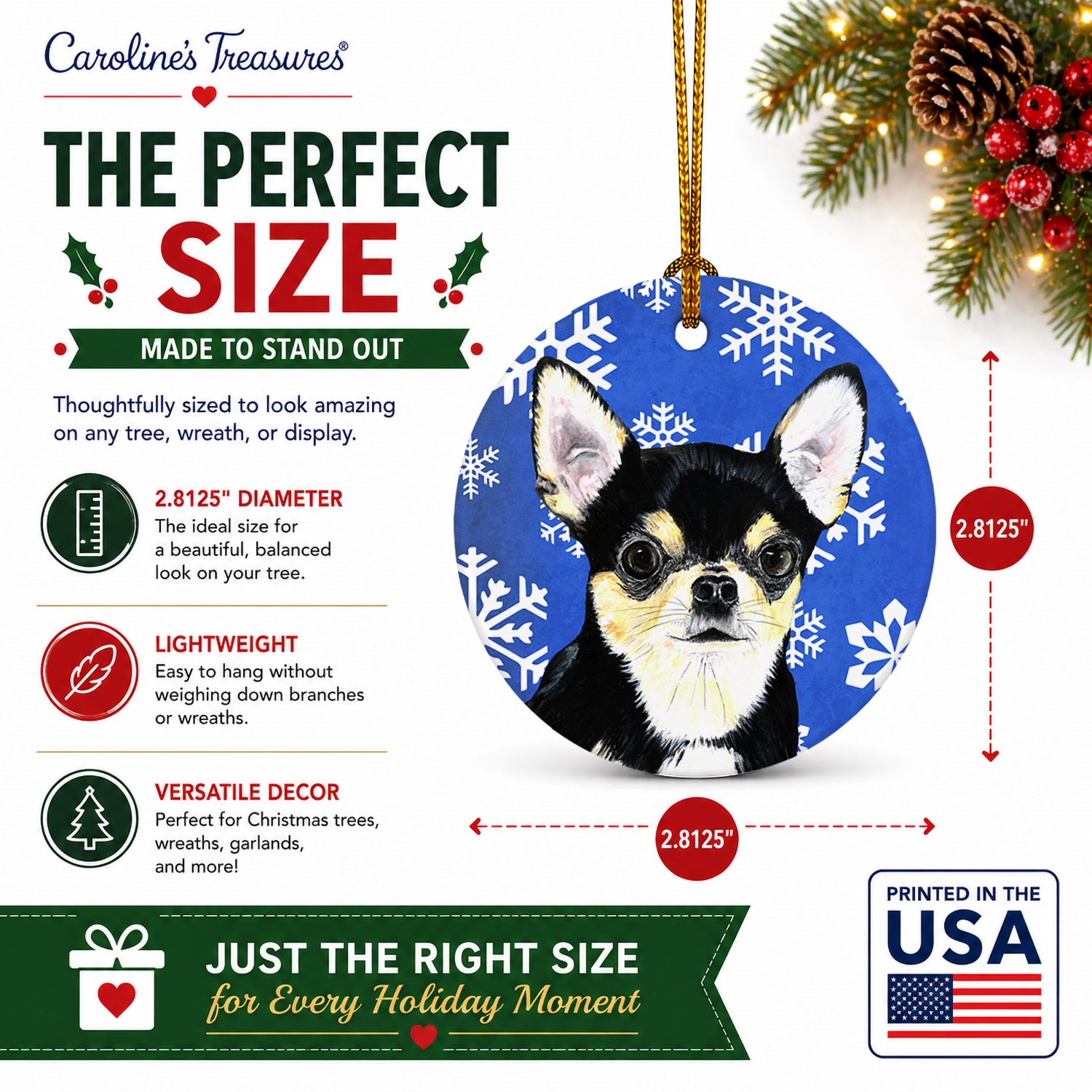 Chihuahua Winter Snowflakes Holiday Ceramic Ornament Christmas Tree Hanging Decorations for Home Christmas Holiday, Party, Gift, 3 in, Multicolor