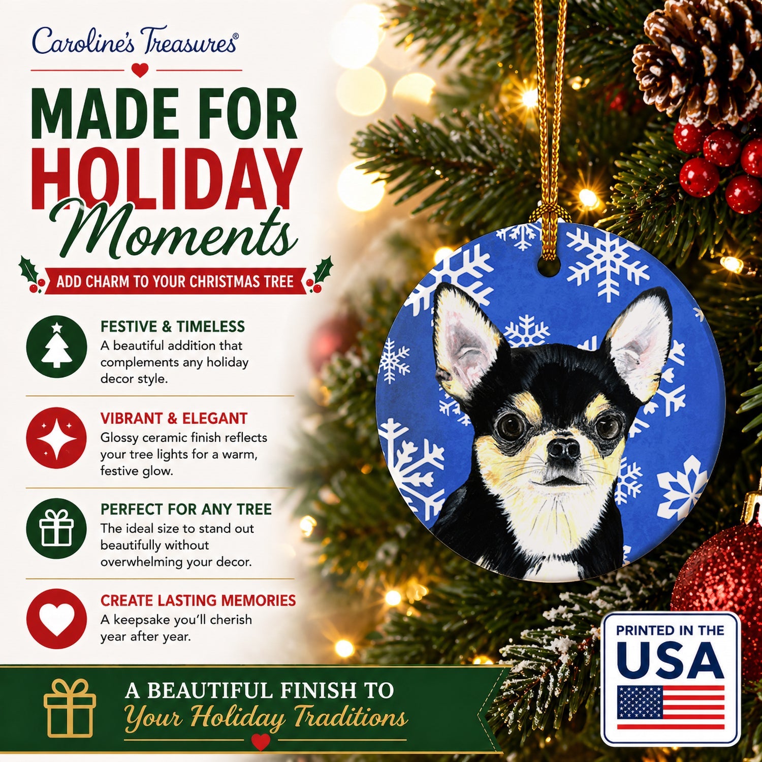Chihuahua Winter Snowflakes Holiday Ceramic Ornament Christmas Tree Hanging Decorations for Home Christmas Holiday, Party, Gift, 3 in, Multicolor