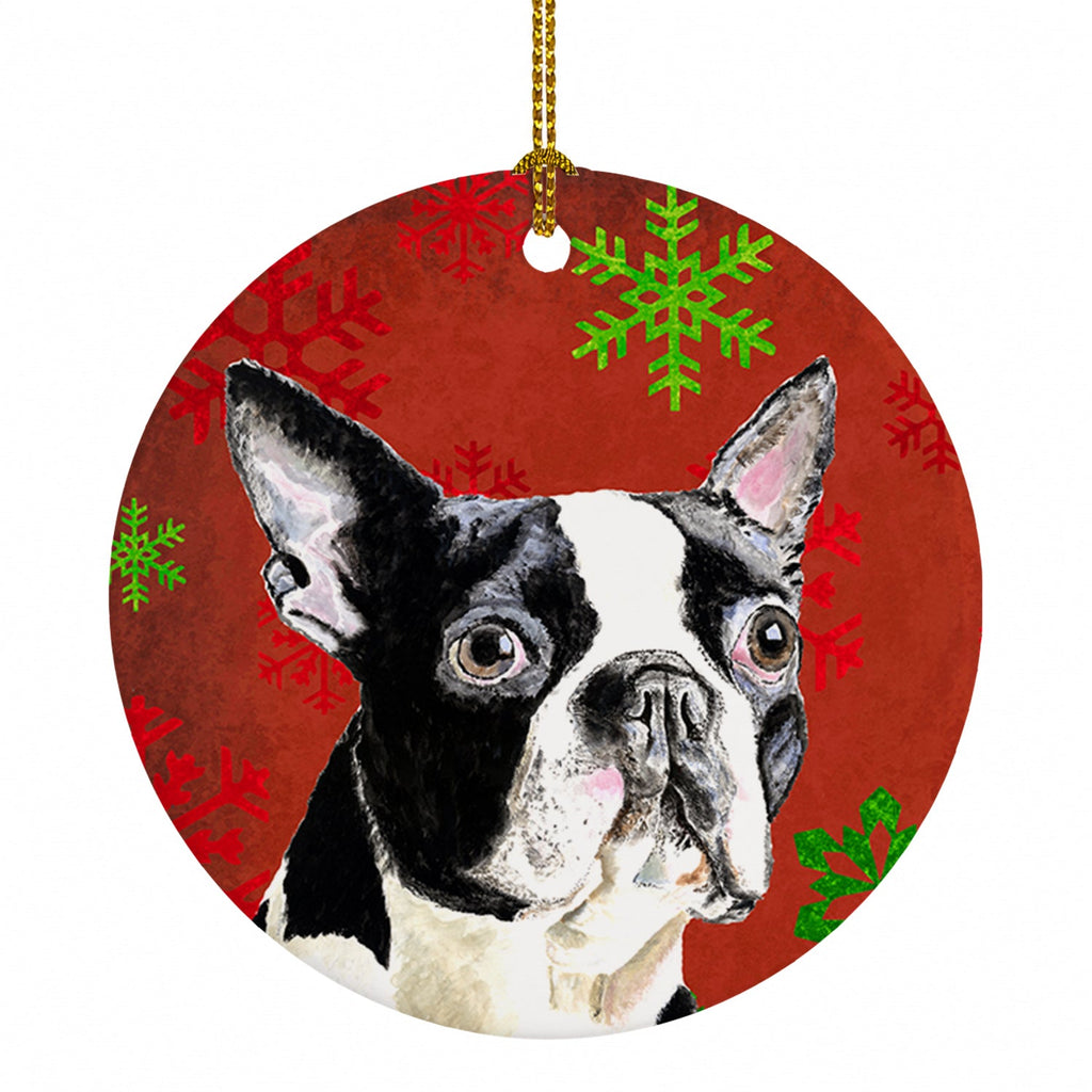 Boston Terrier Red Green Snowflakes Christmas Ceramic Ornament Christmas Tree Hanging Decorations for Home Christmas Holiday, Party, Gift, 3 in, Multicolor