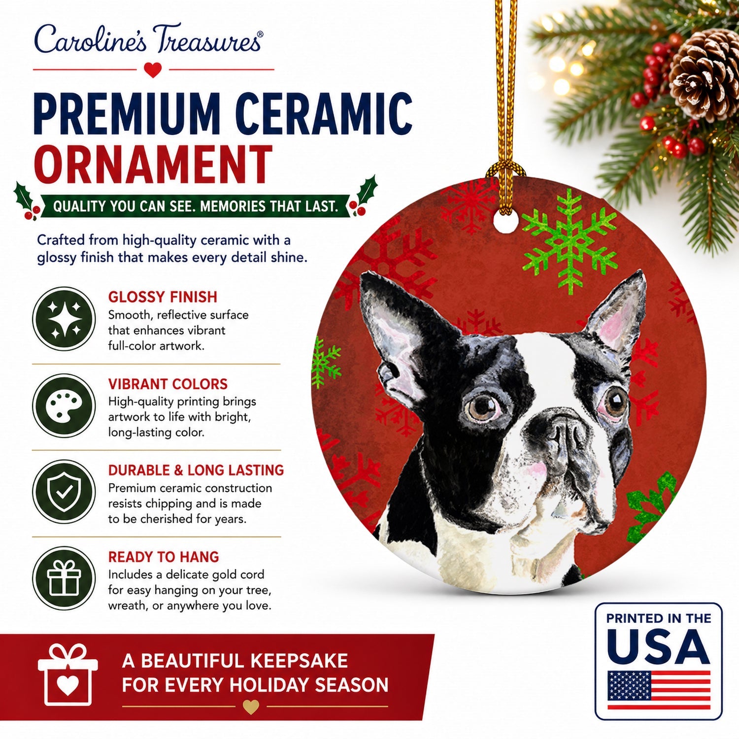 Boston Terrier Red Green Snowflakes Christmas Ceramic Ornament Christmas Tree Hanging Decorations for Home Christmas Holiday, Party, Gift, 3 in, Multicolor