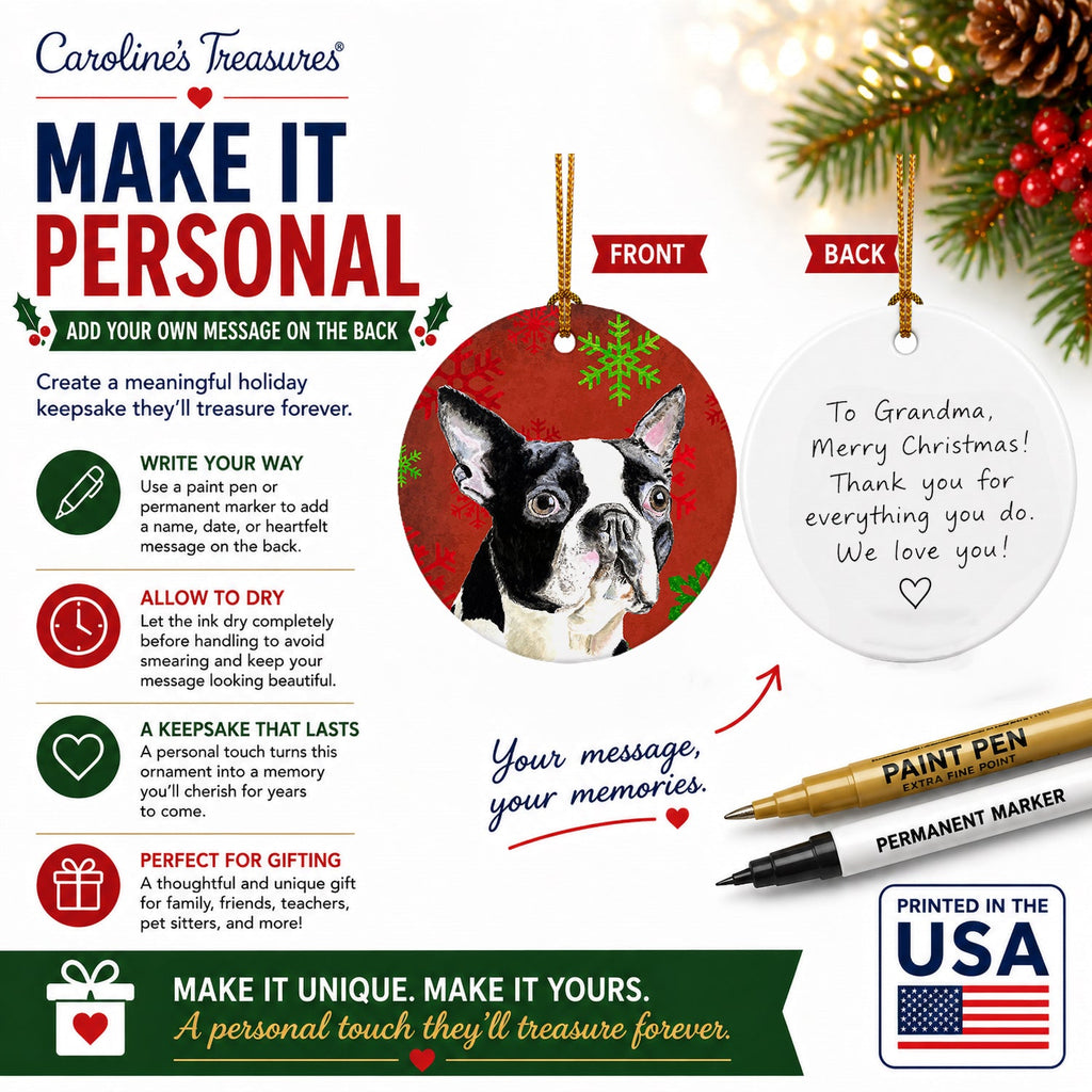 Boston Terrier Red Green Snowflakes Christmas Ceramic Ornament Christmas Tree Hanging Decorations for Home Christmas Holiday, Party, Gift, 3 in, Multicolor