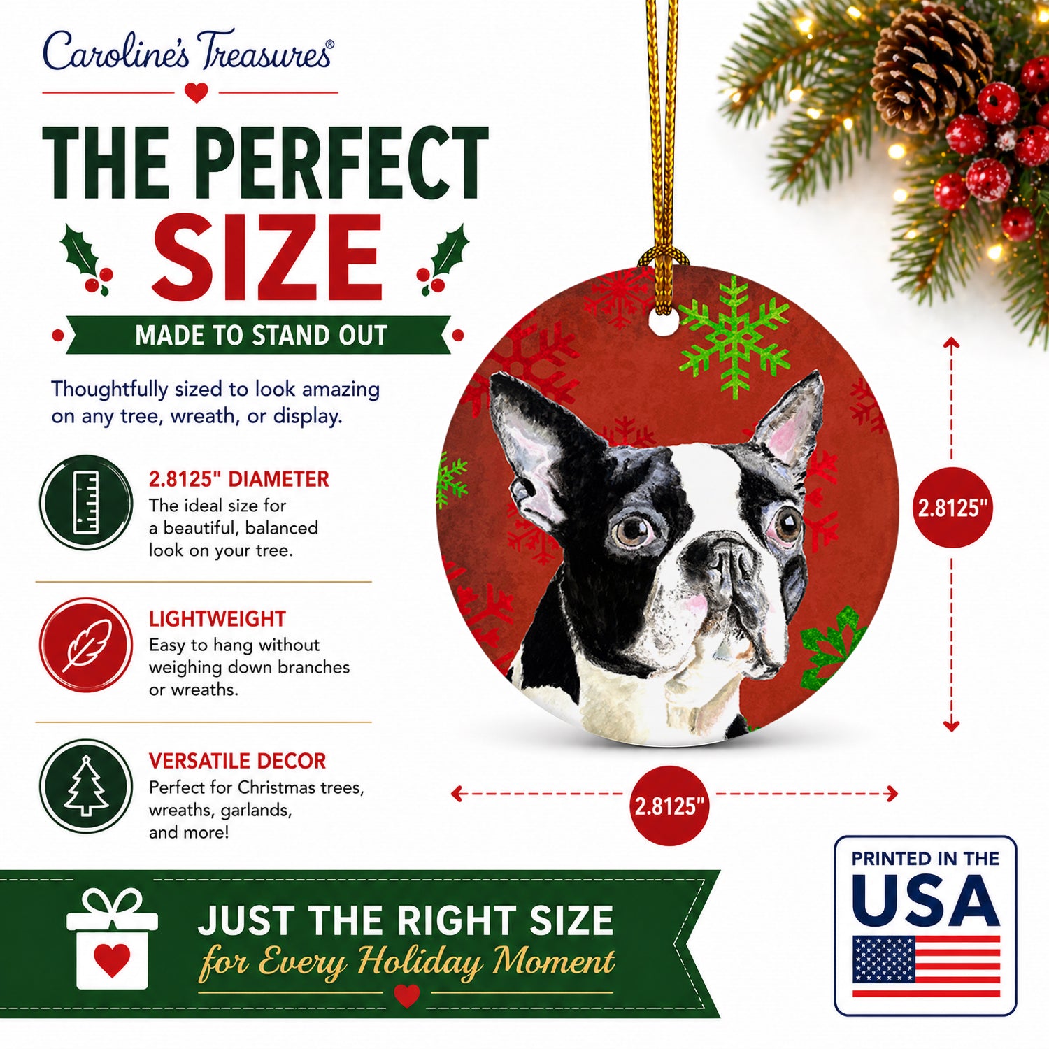 Boston Terrier Red Green Snowflakes Christmas Ceramic Ornament Christmas Tree Hanging Decorations for Home Christmas Holiday, Party, Gift, 3 in, Multicolor