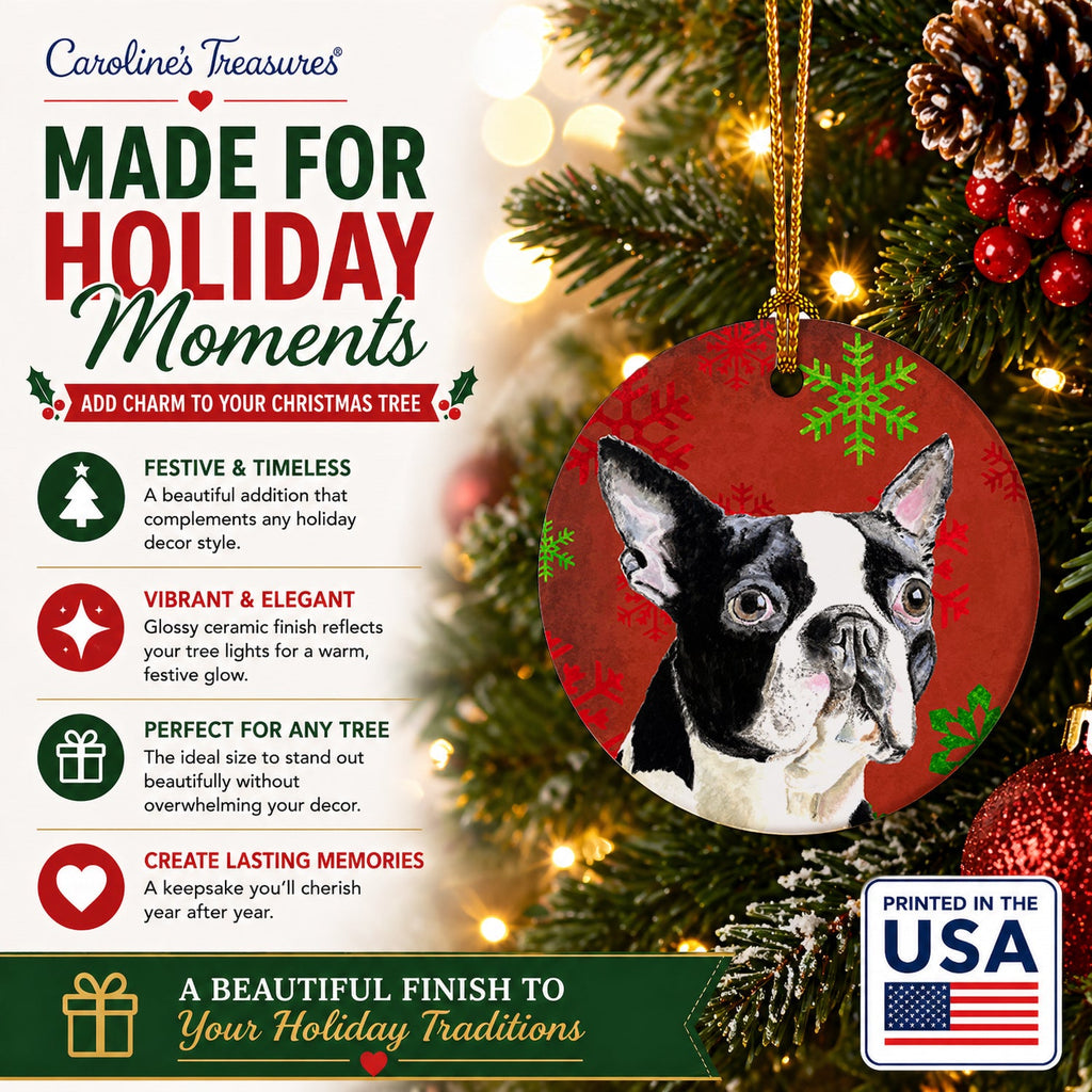 Boston Terrier Red Green Snowflakes Christmas Ceramic Ornament Christmas Tree Hanging Decorations for Home Christmas Holiday, Party, Gift, 3 in, Multicolor