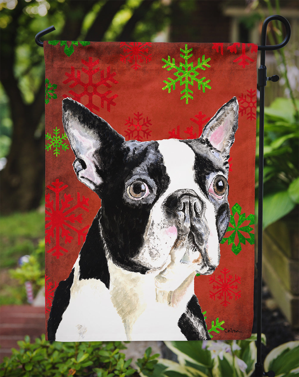 Boston Terrier Red Green Snowflakes Christmas Garden Flag Mailbox Decorative Yard Banner Outside Patio Artwork for Flower Beds, Garden Size, Multicolor