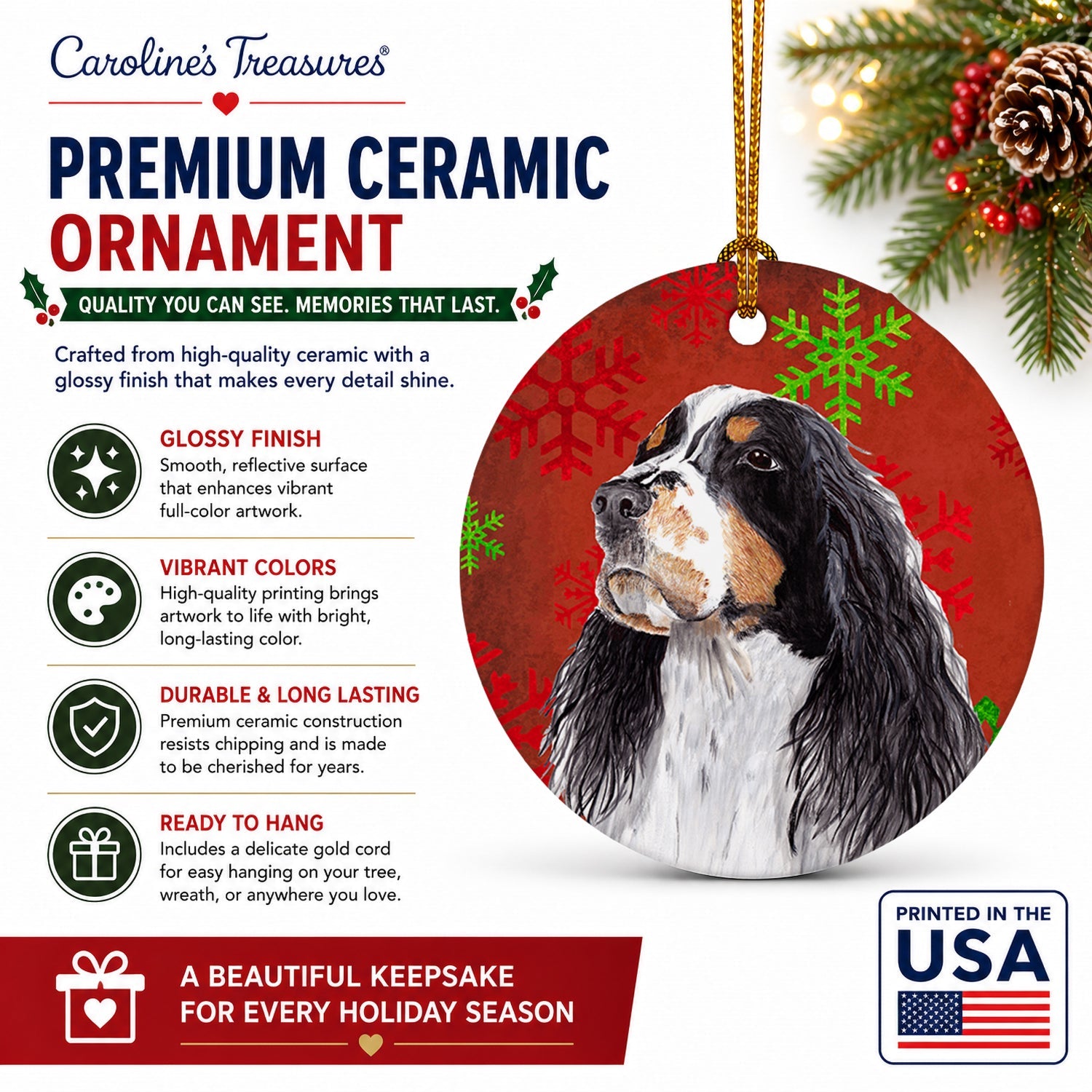 Springer Spaniel Red and Green Snowflakes Holiday Christmas Ceramic Ornament Christmas Tree Hanging Decorations for Home Christmas Holiday, Party, Gift, 3 in, Multicolor