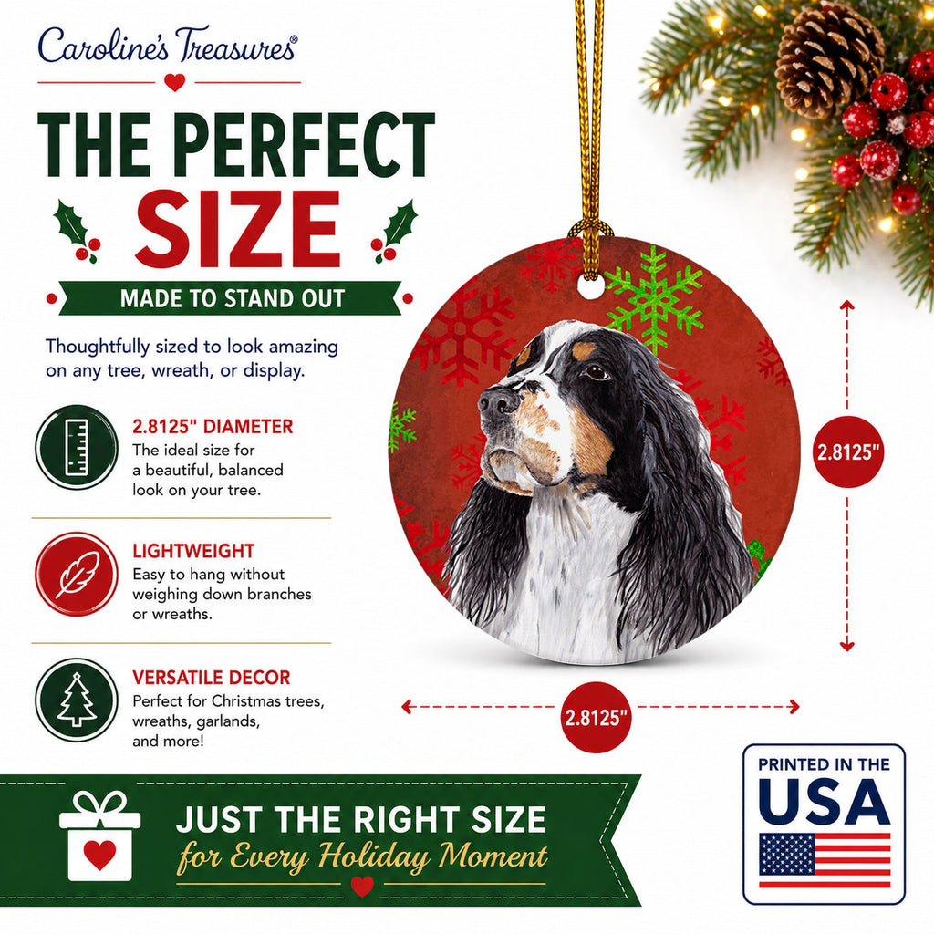 Springer Spaniel Red and Green Snowflakes Holiday Christmas Ceramic Ornament Christmas Tree Hanging Decorations for Home Christmas Holiday, Party, Gift, 3 in, Multicolor