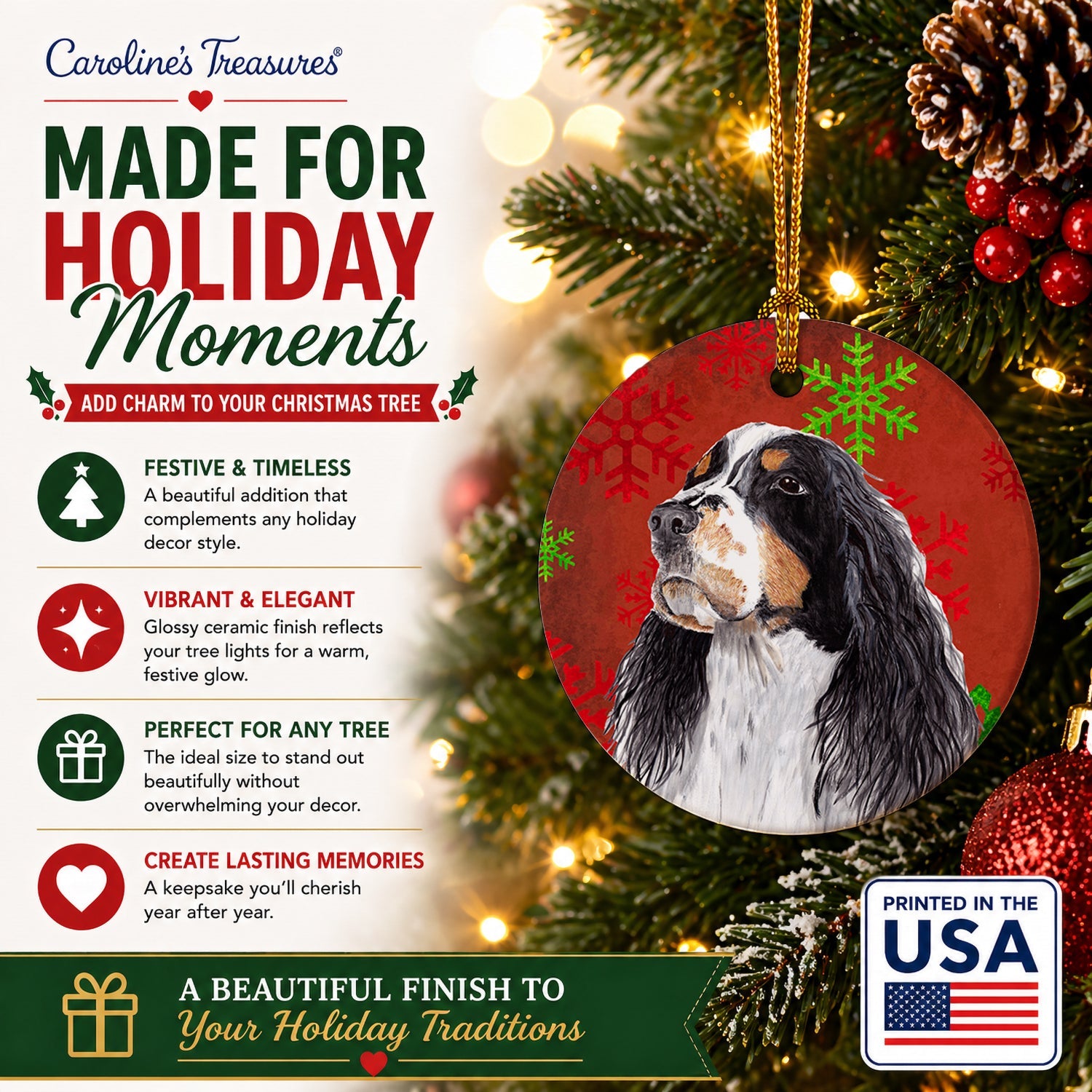 Springer Spaniel Red and Green Snowflakes Holiday Christmas Ceramic Ornament Christmas Tree Hanging Decorations for Home Christmas Holiday, Party, Gift, 3 in, Multicolor