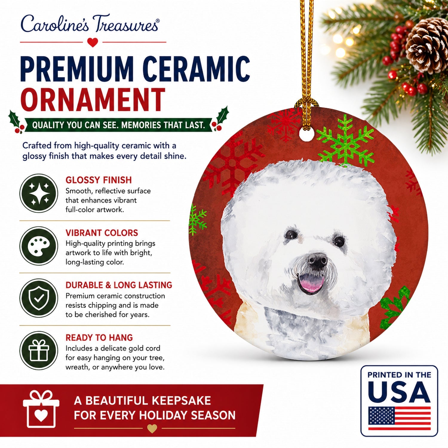 Bichon Frise Red and Green Snowflakes Holiday Christmas Ceramic Ornament Christmas Tree Hanging Decorations for Home Christmas Holiday, Party, Gift, 3 in, Multicolor