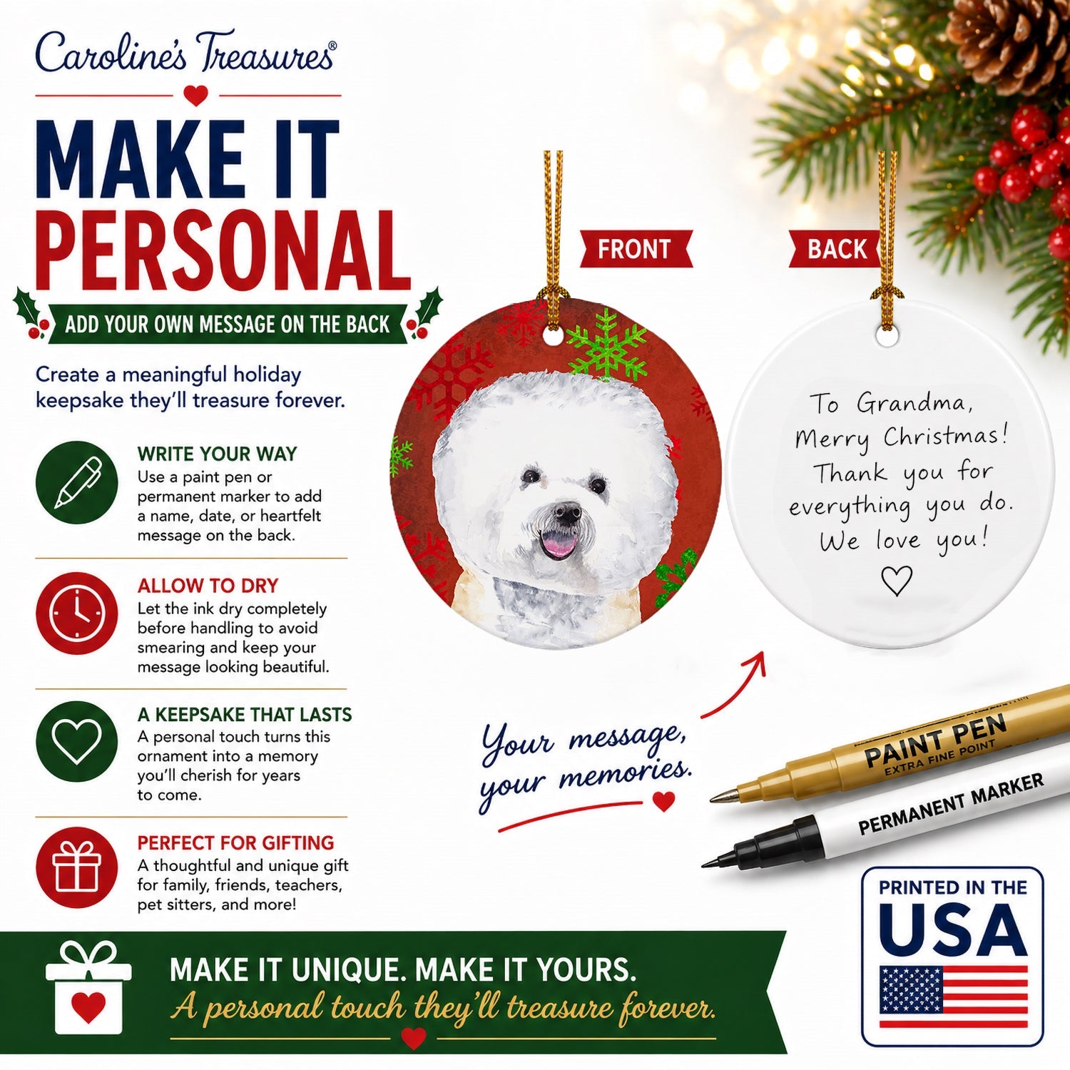 Bichon Frise Red and Green Snowflakes Holiday Christmas Ceramic Ornament Christmas Tree Hanging Decorations for Home Christmas Holiday, Party, Gift, 3 in, Multicolor