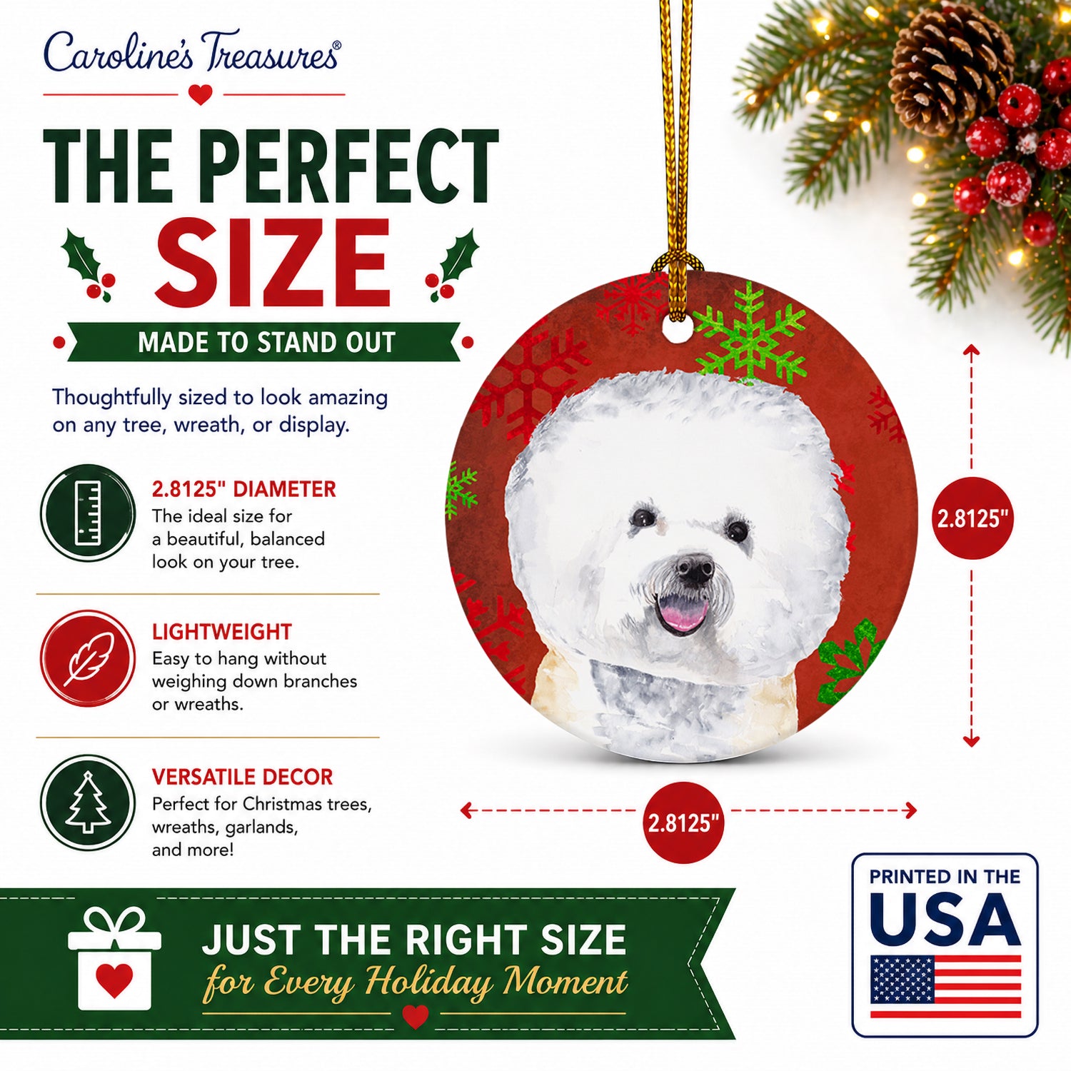 Bichon Frise Red and Green Snowflakes Holiday Christmas Ceramic Ornament Christmas Tree Hanging Decorations for Home Christmas Holiday, Party, Gift, 3 in, Multicolor