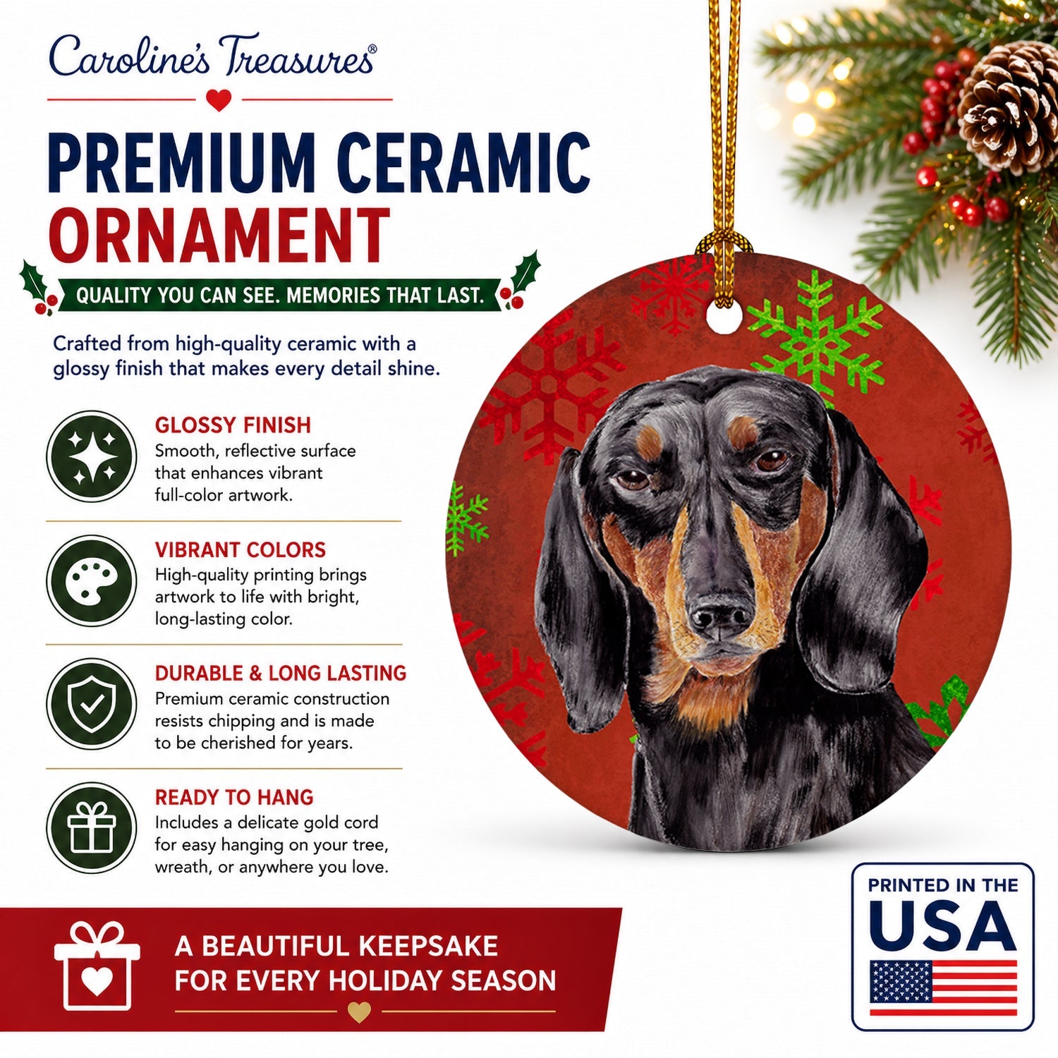 Dachshund Red and Green Snowflakes Holiday Christmas Ceramic Ornament Christmas Tree Hanging Decorations for Home Christmas Holiday, Party, Gift, 3 in, Multicolor